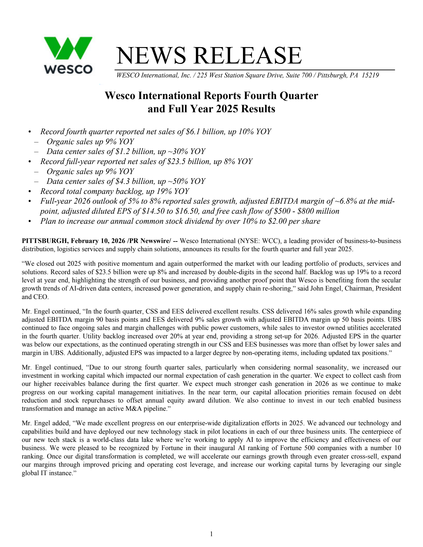 WESCO International's Q4 2025 Press Release
