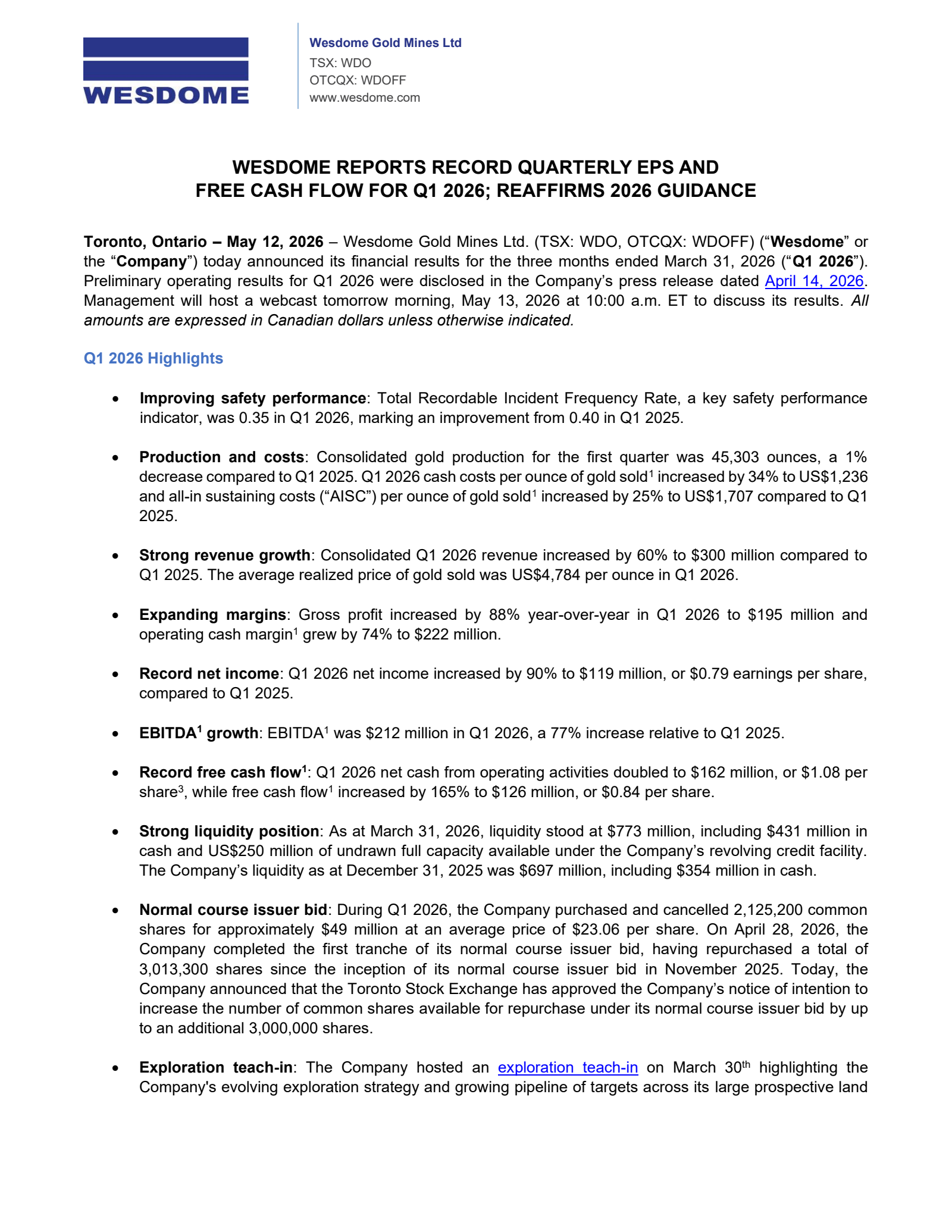 Wesdome Gold Mines' Q1 2026 Press Release