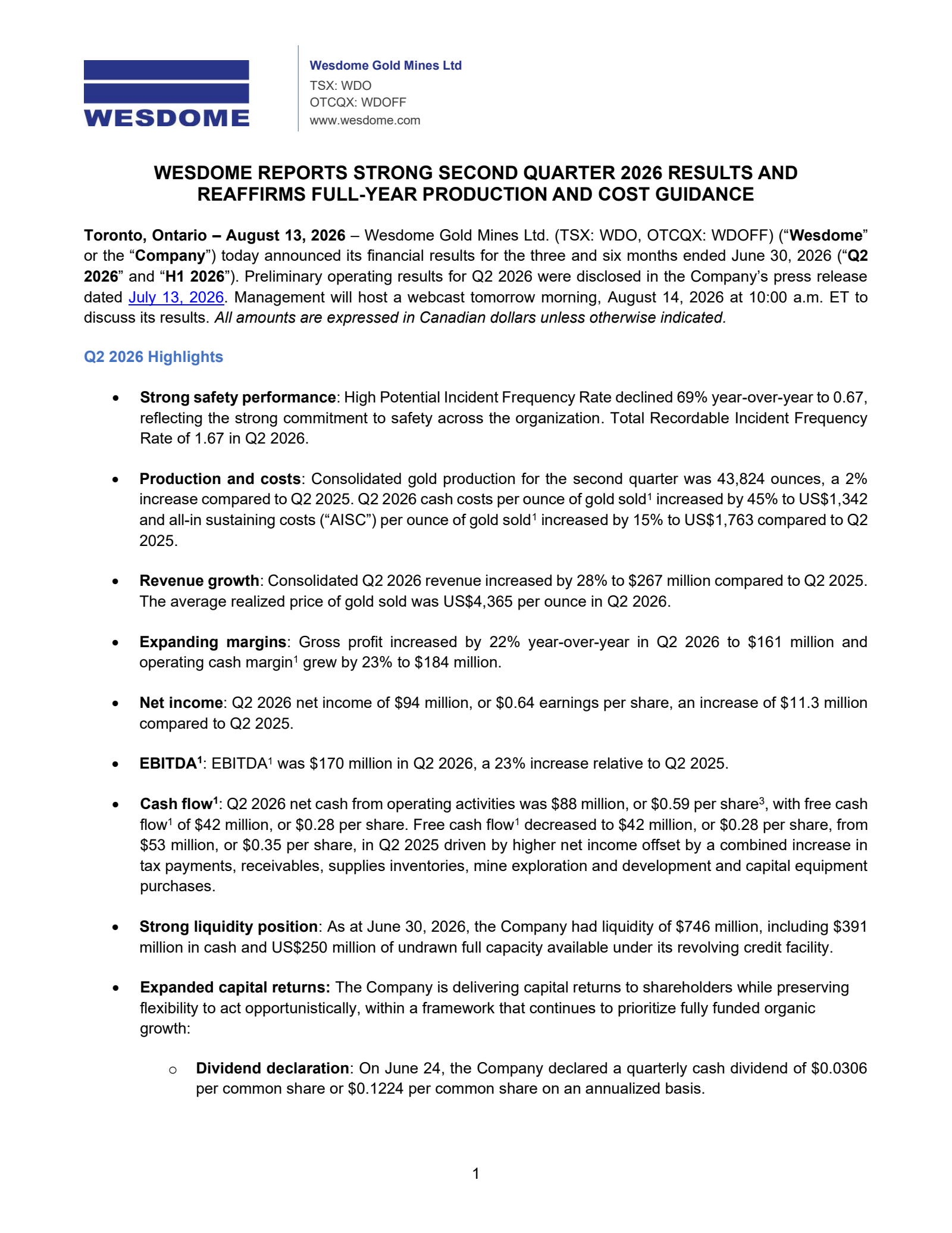 Wesdome Gold Mines' Q2 2026 Press Release