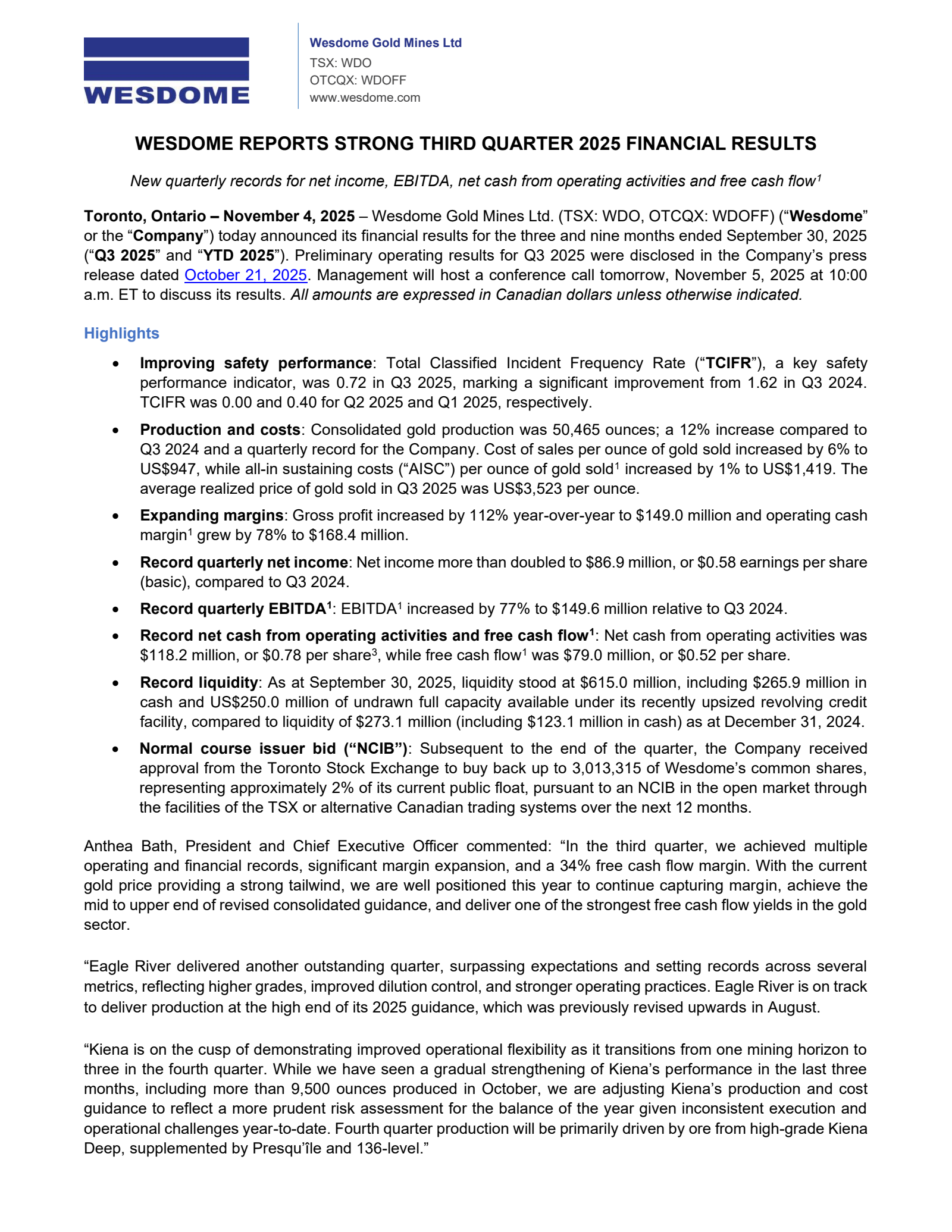 Wesdome Gold Mines' Q3 2025 Earnings Release