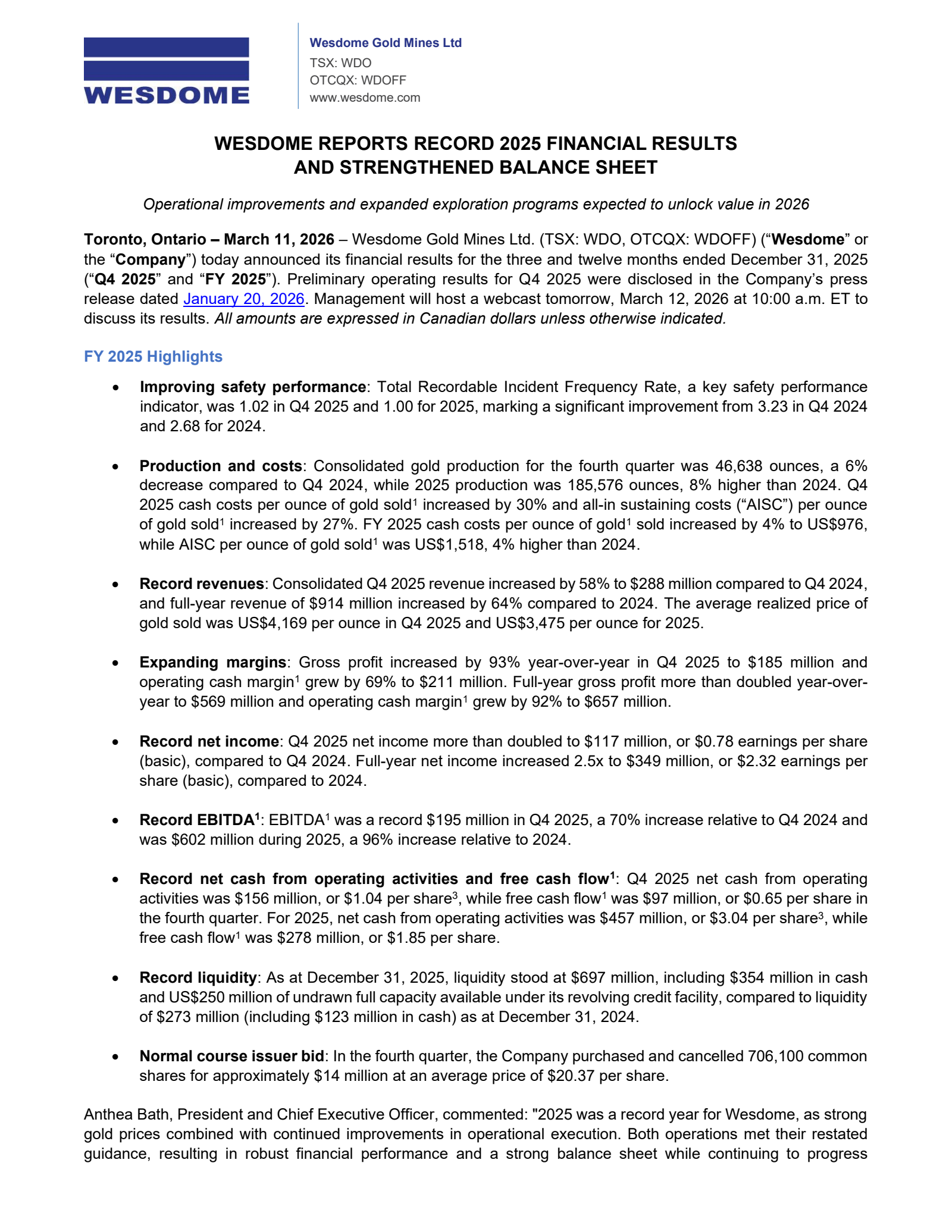 Wesdome Gold Mines' Q4 2025 Press Release