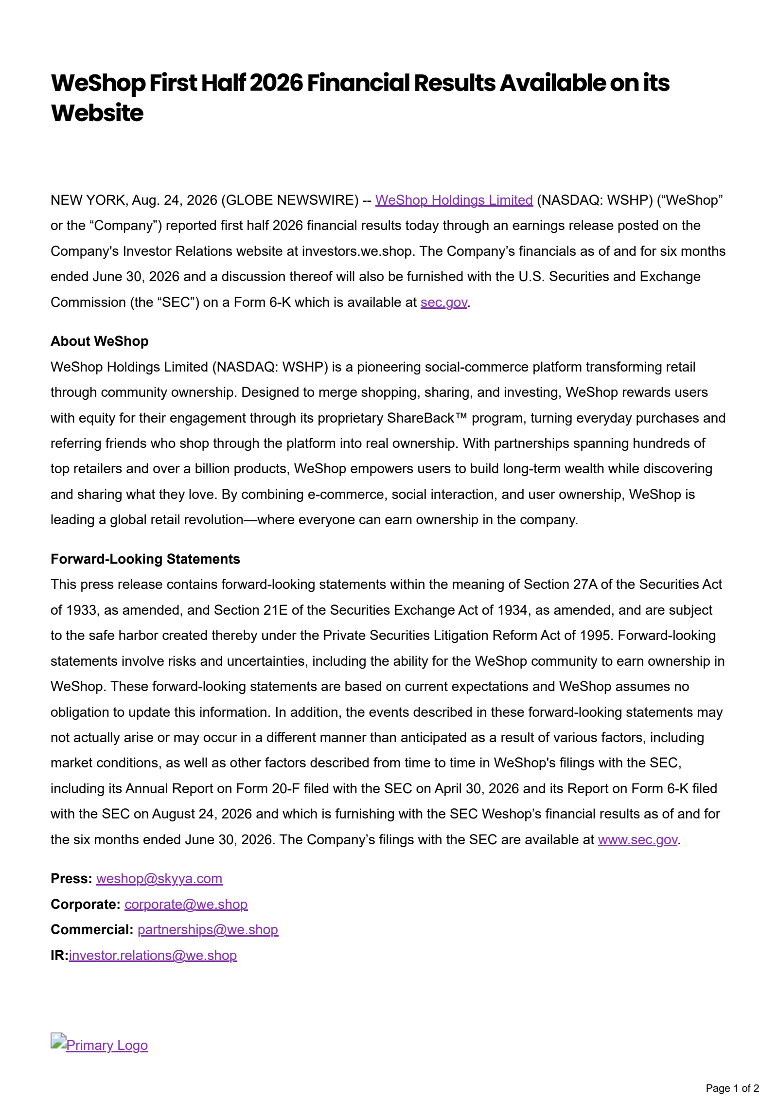 Weshop's H1 2026 Press Release