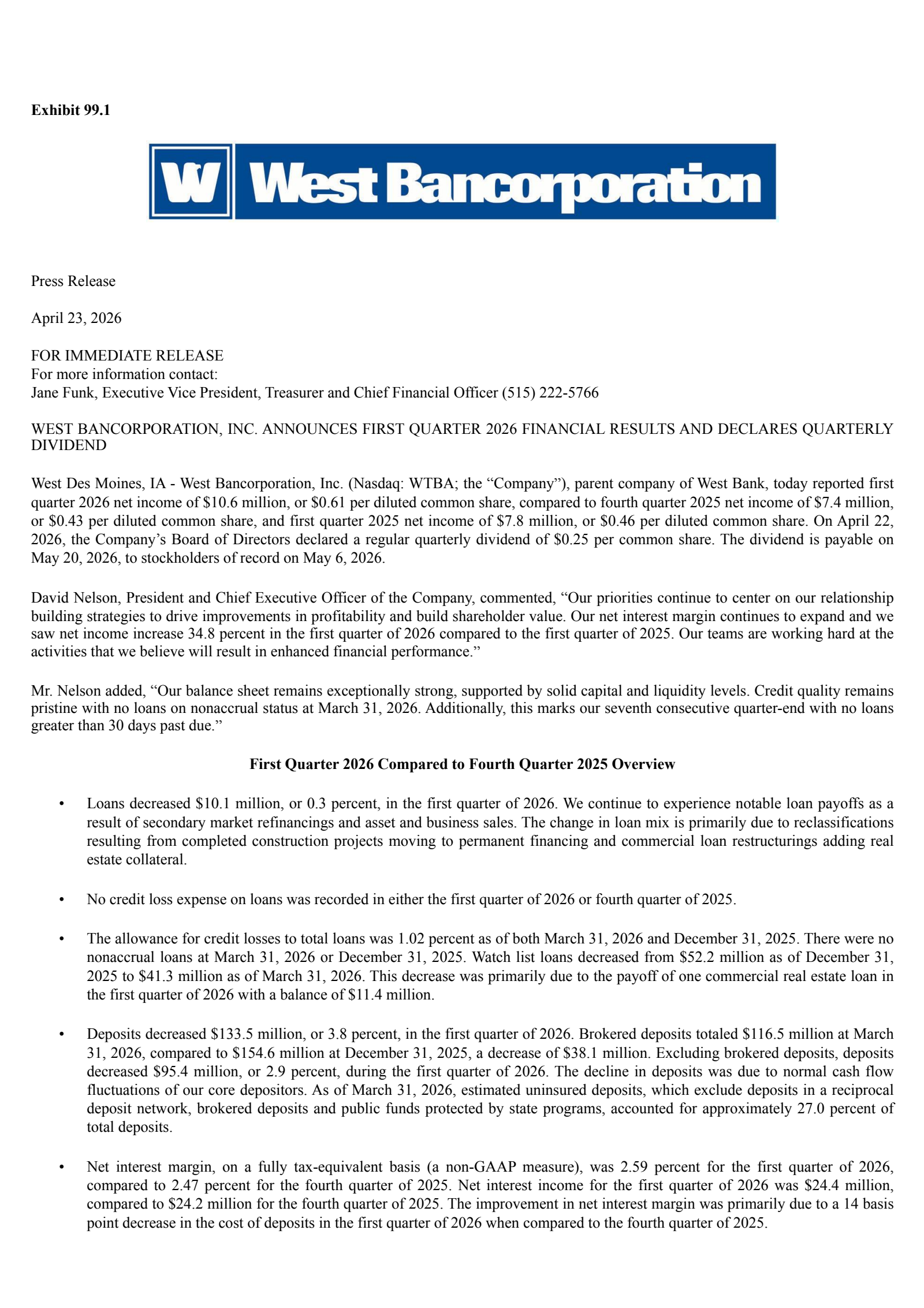 West Bancorporation's Q1 2026 Press Release