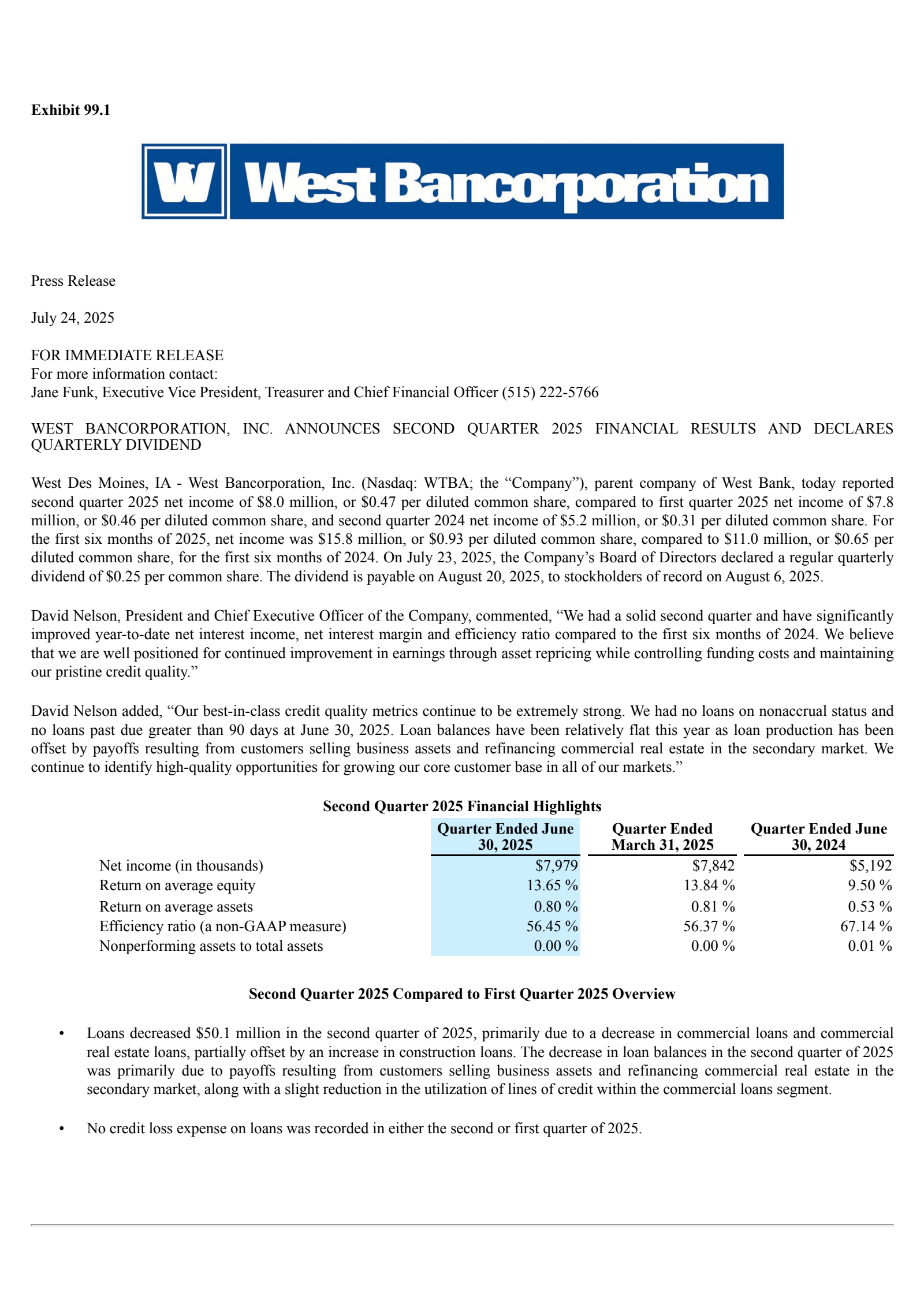 West Bancorporation's Q2 2025 Press Release