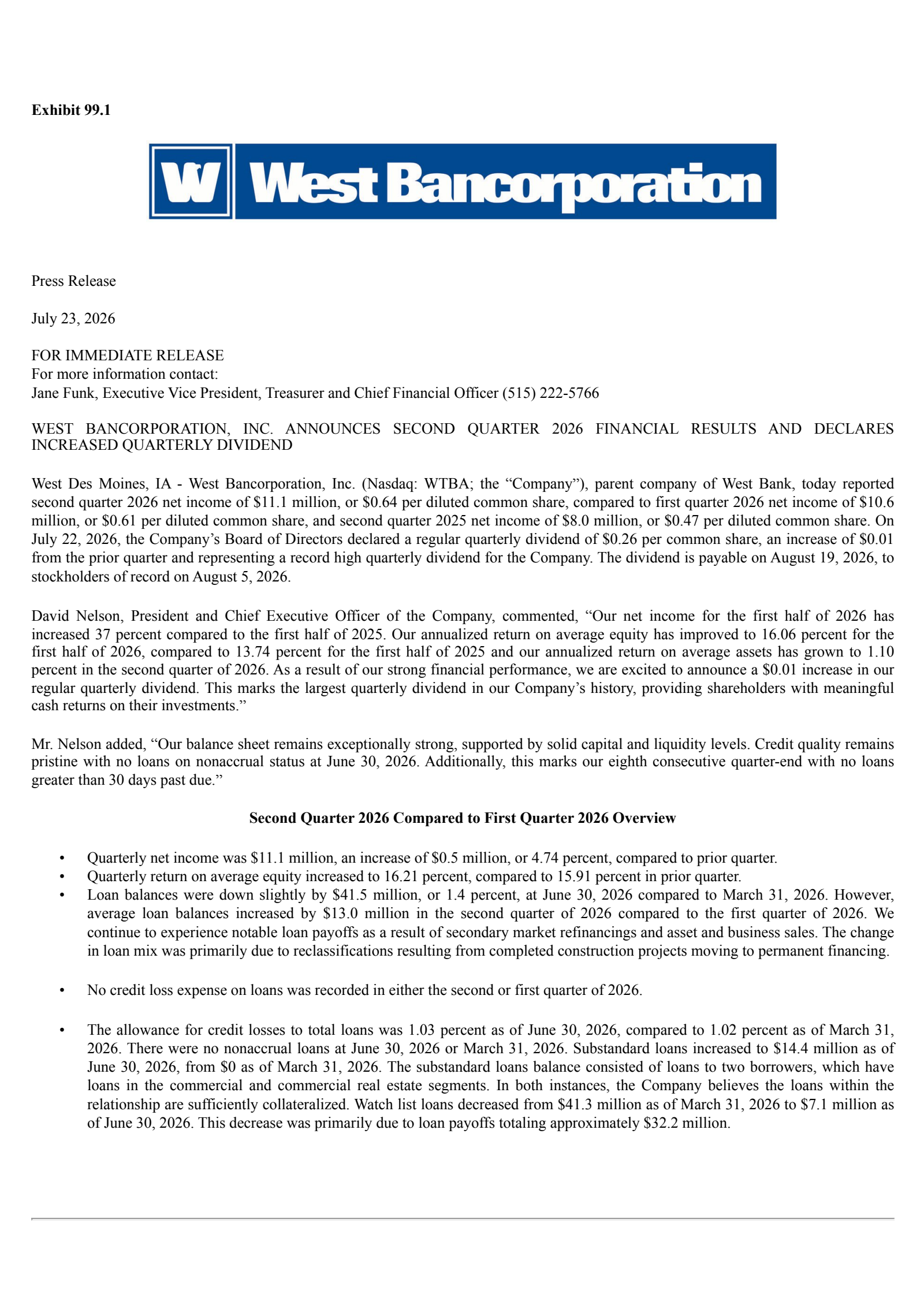 West Bancorporation's Q2 2026 Press Release