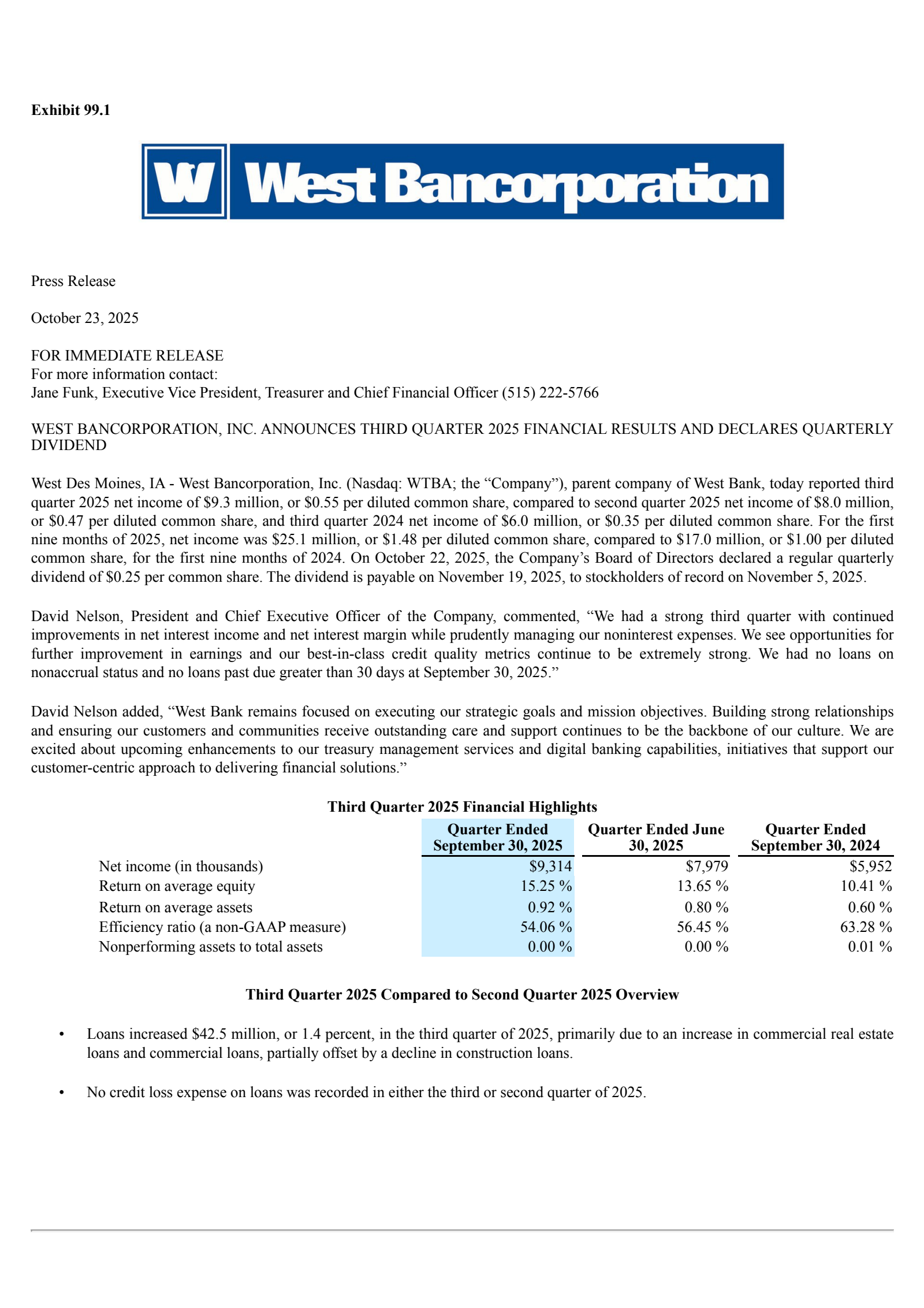 West Bancorporation's Q3 2025 Earnings Release
