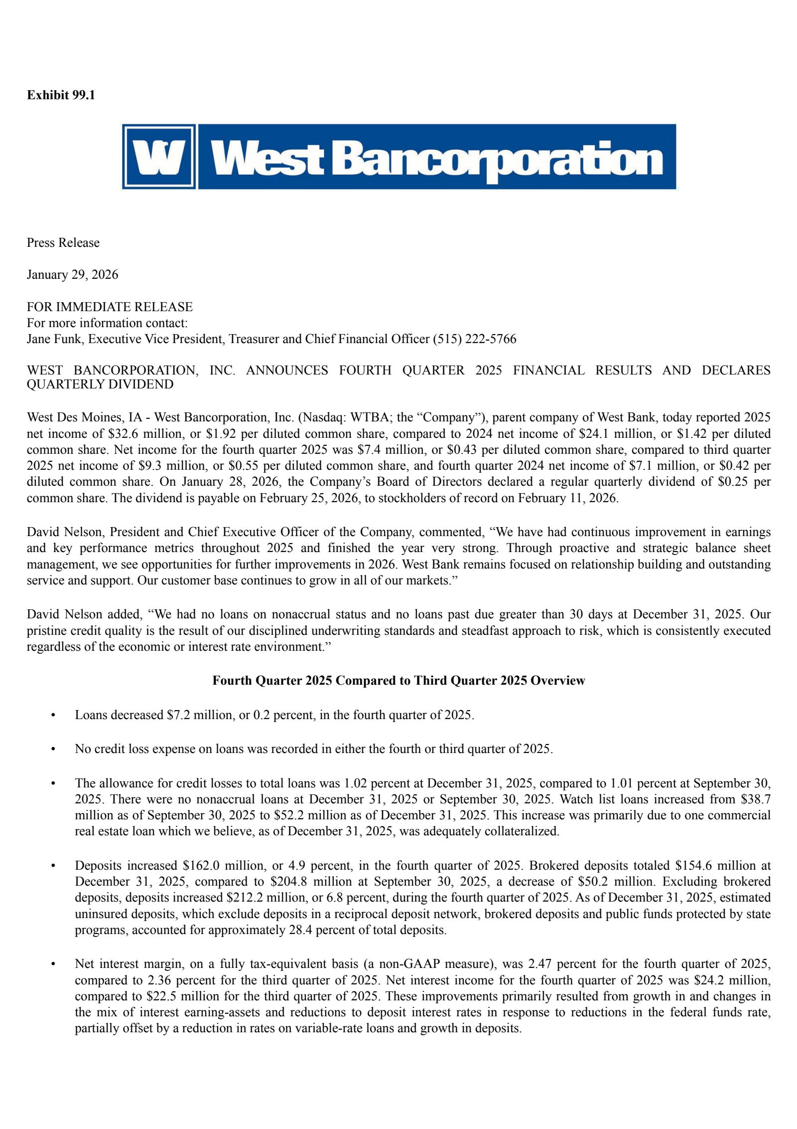 West Bancorporation's Q4 2025 Press Release