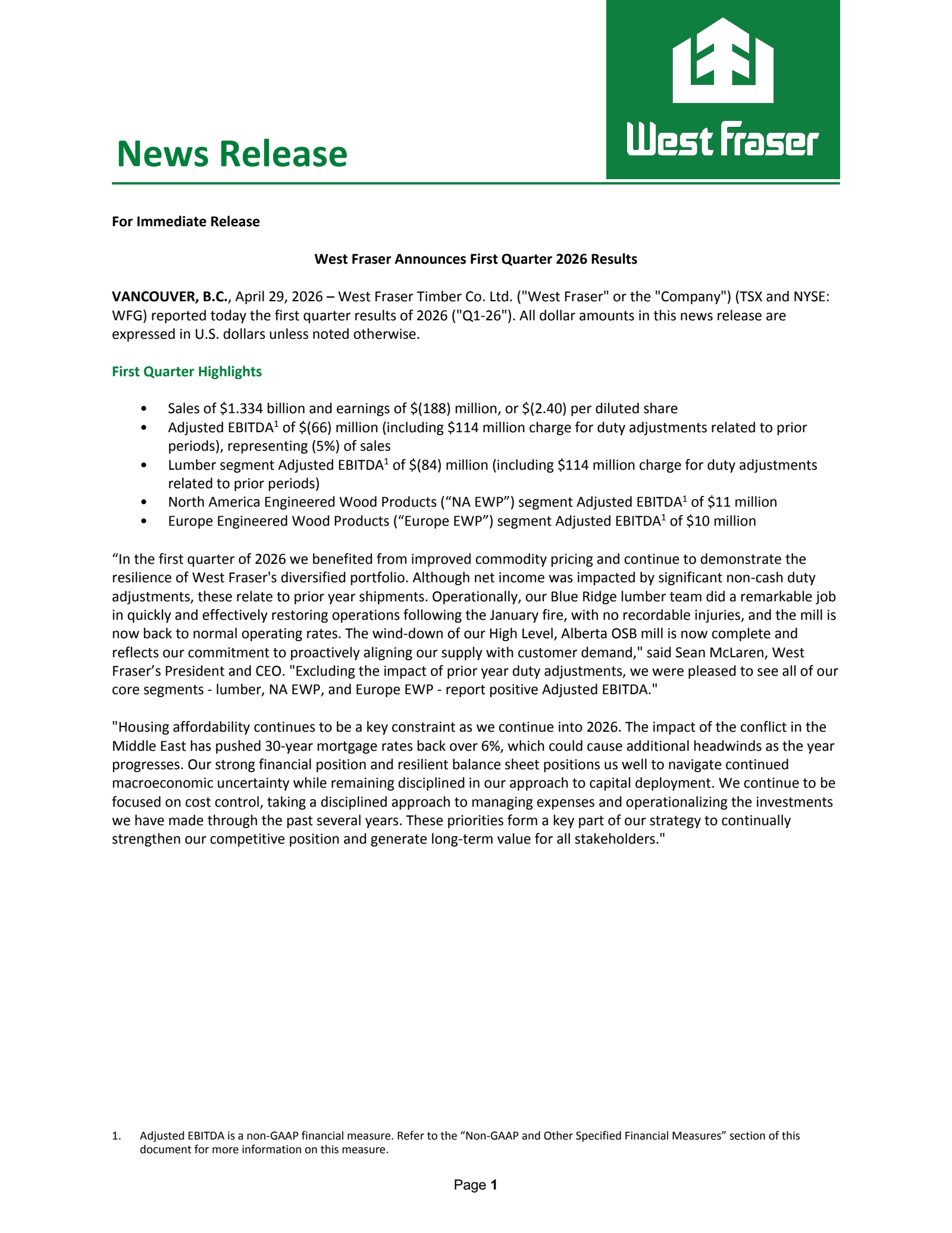 West Fraser Timber's Q1 2026 Press Release