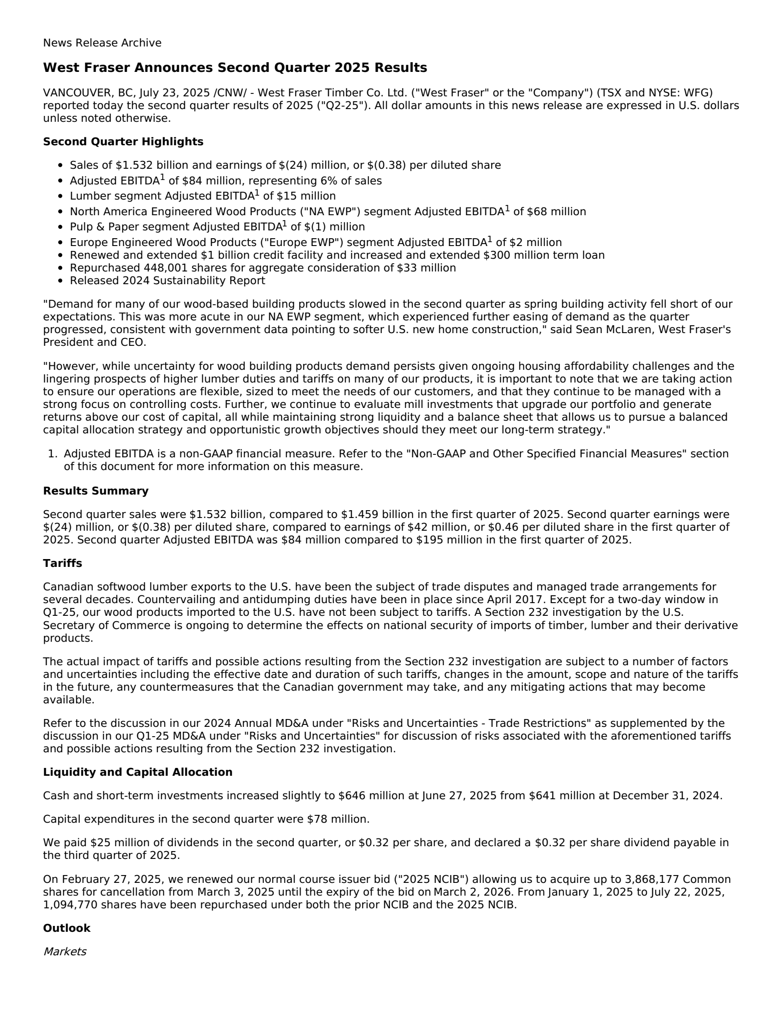 West Fraser Timber's Q2 2025 Press Release