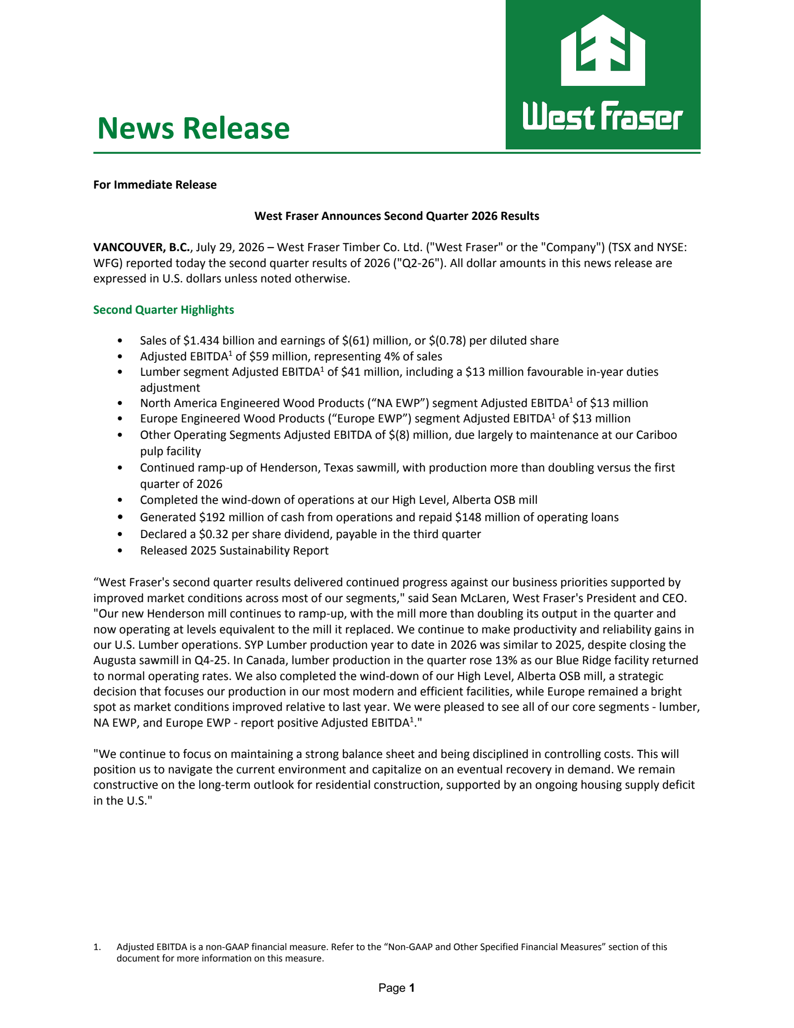West Fraser Timber's Q2 2026 Press Release