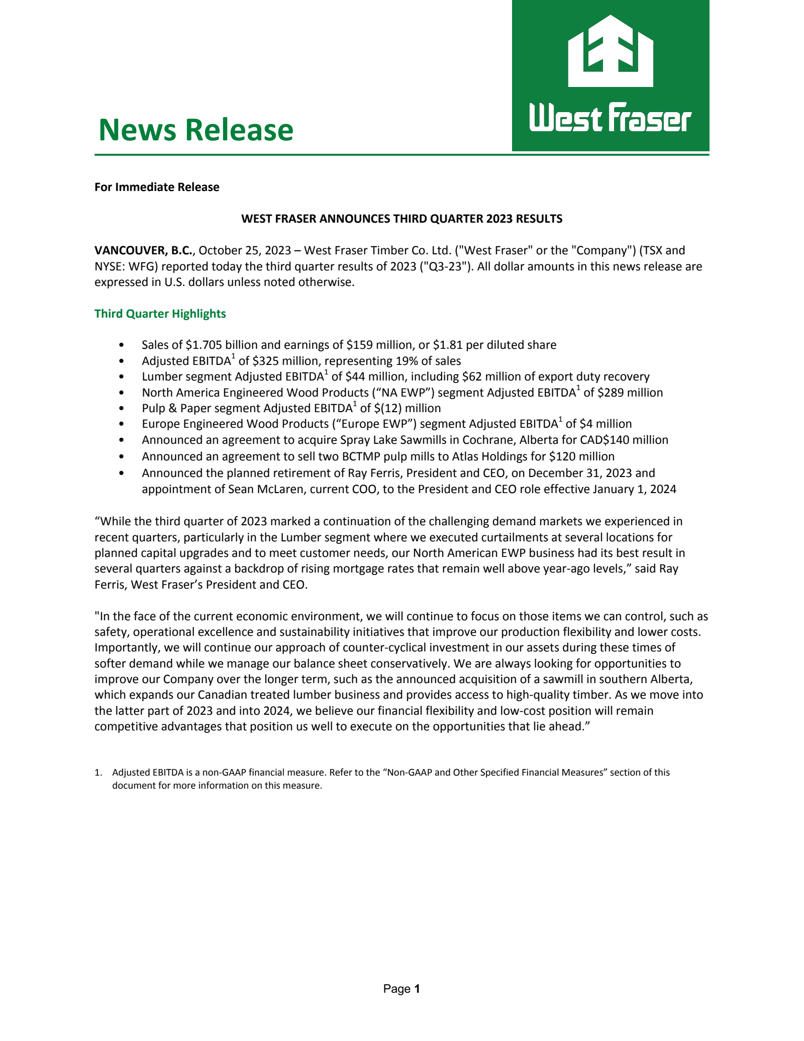 West Fraser Timber's Q3 2023 Press Release