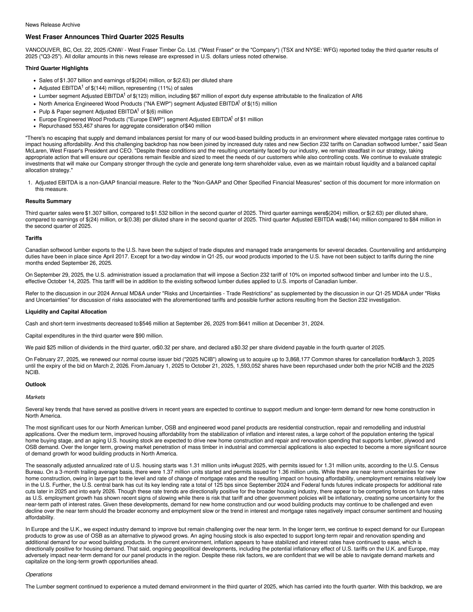 West Fraser Timber's Q3 2025 Earnings Release
