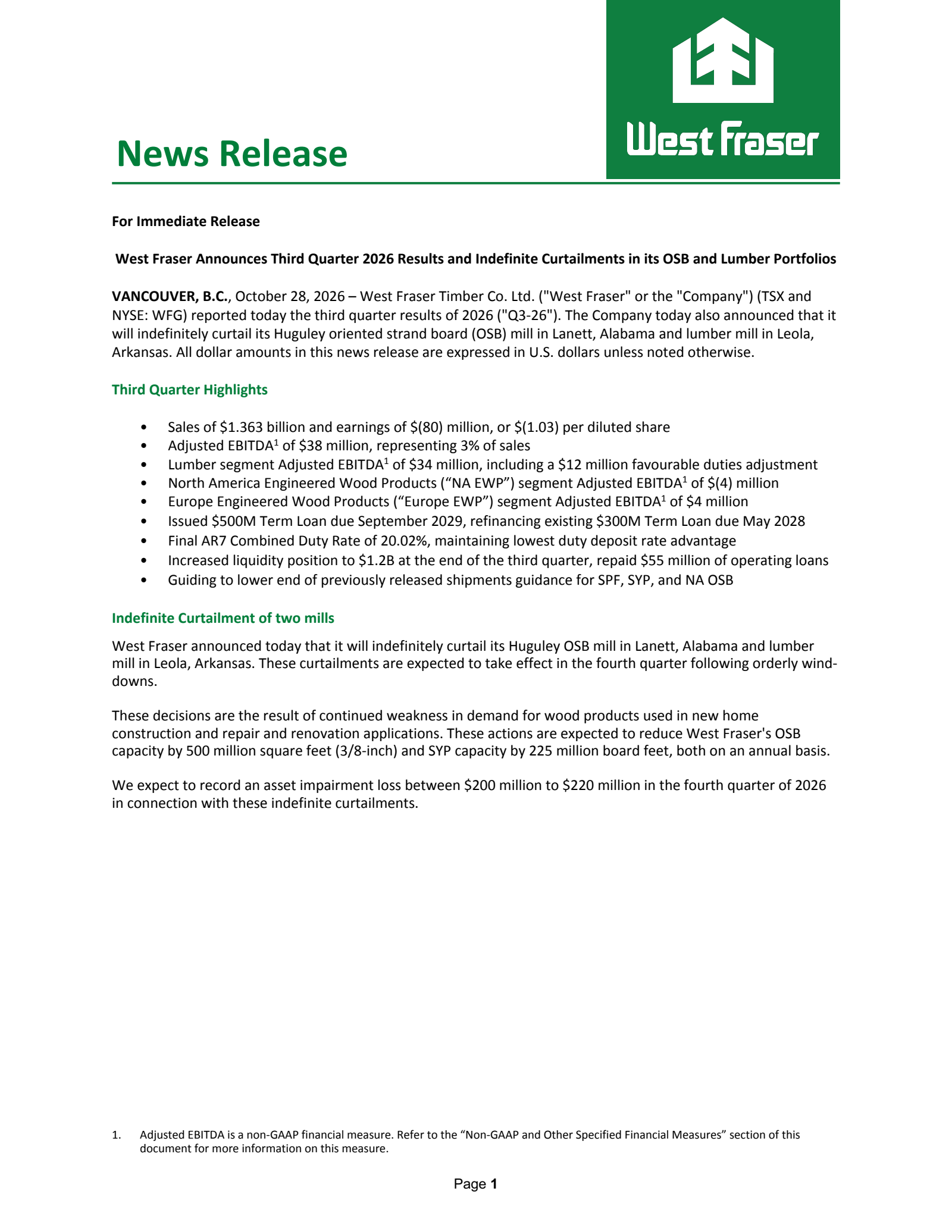 West Fraser Timber's Q3 2026 Press Release