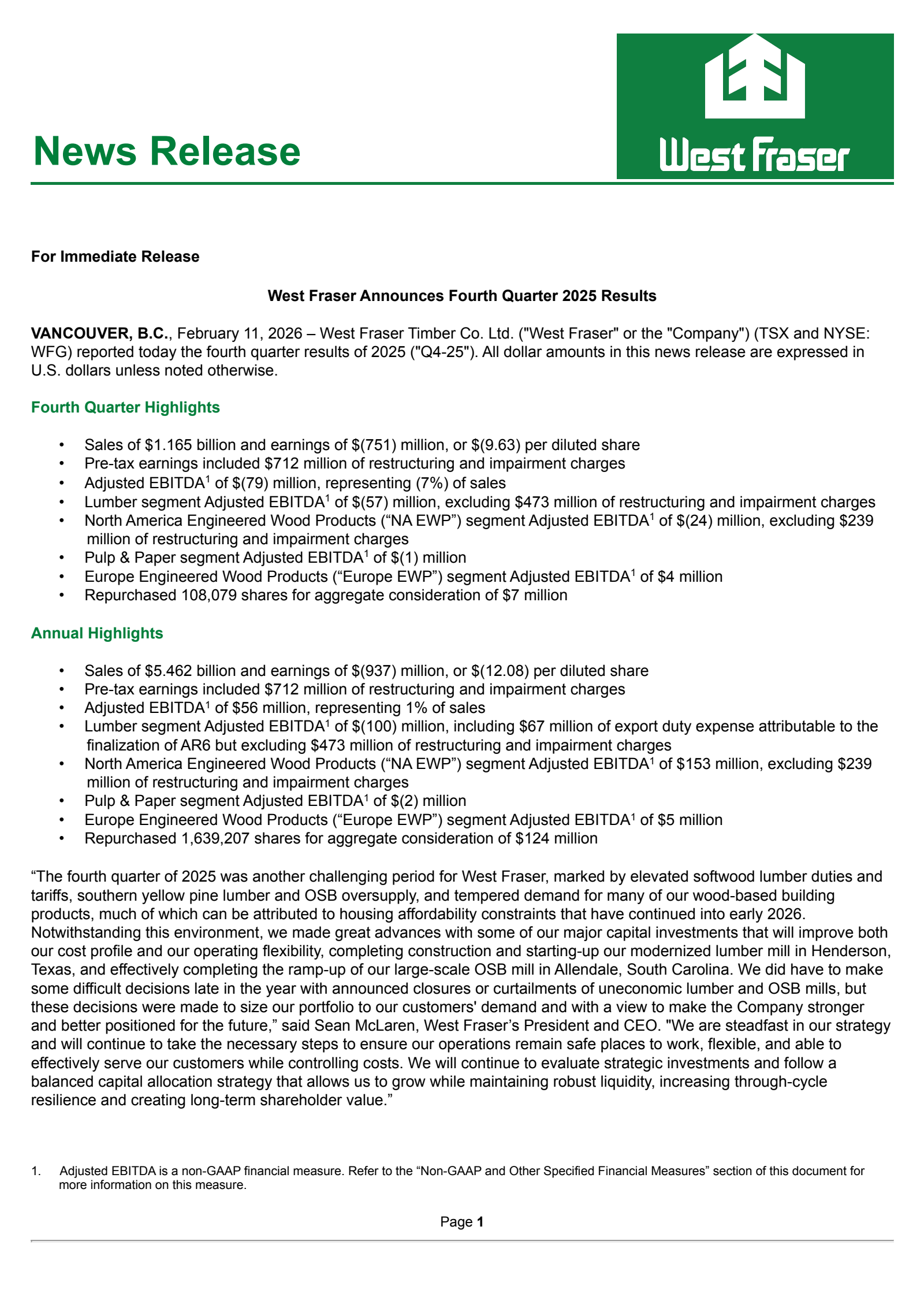 West Fraser Timber's Q4 2025 Press Release