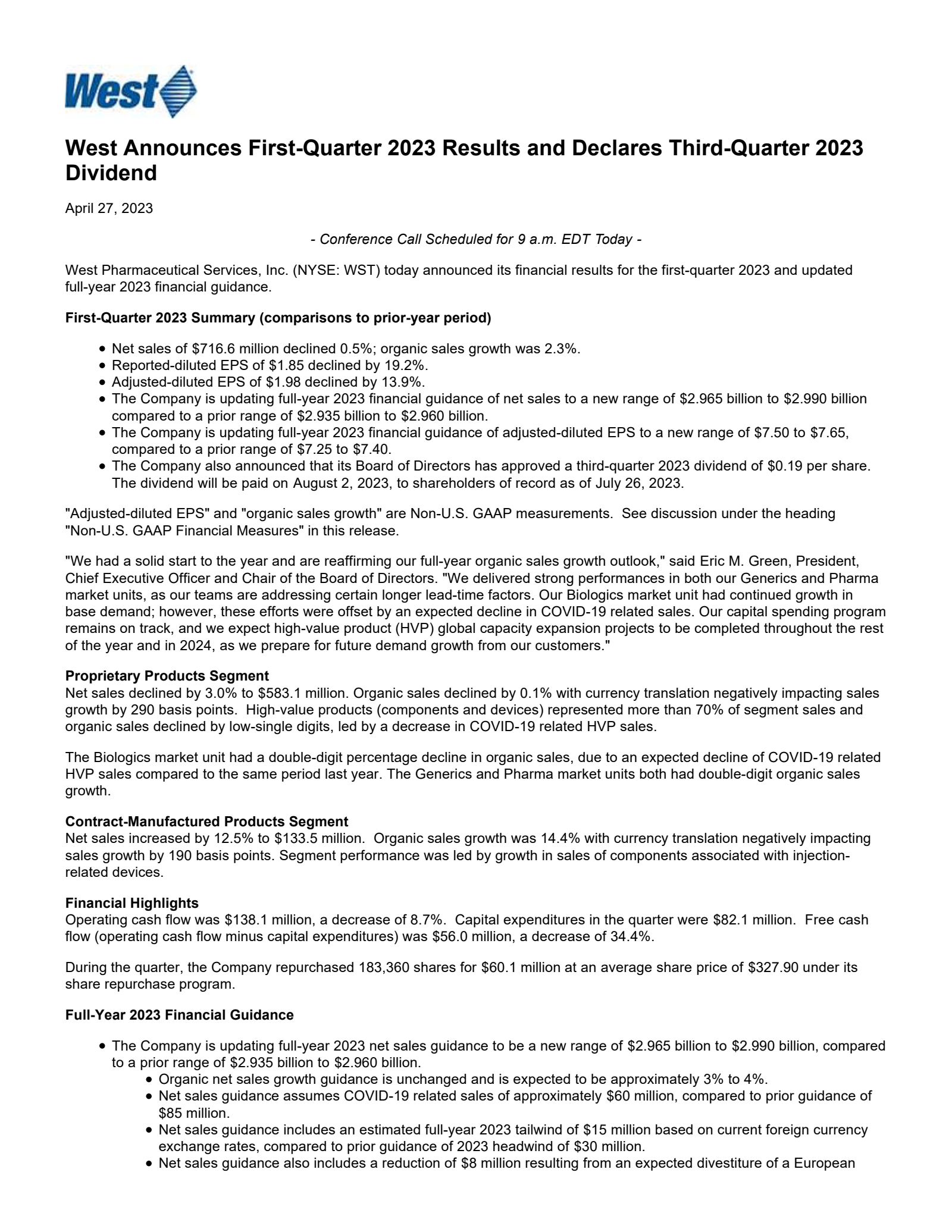 West Pharmaceutical Services' Q1 2023 Earnings Release
