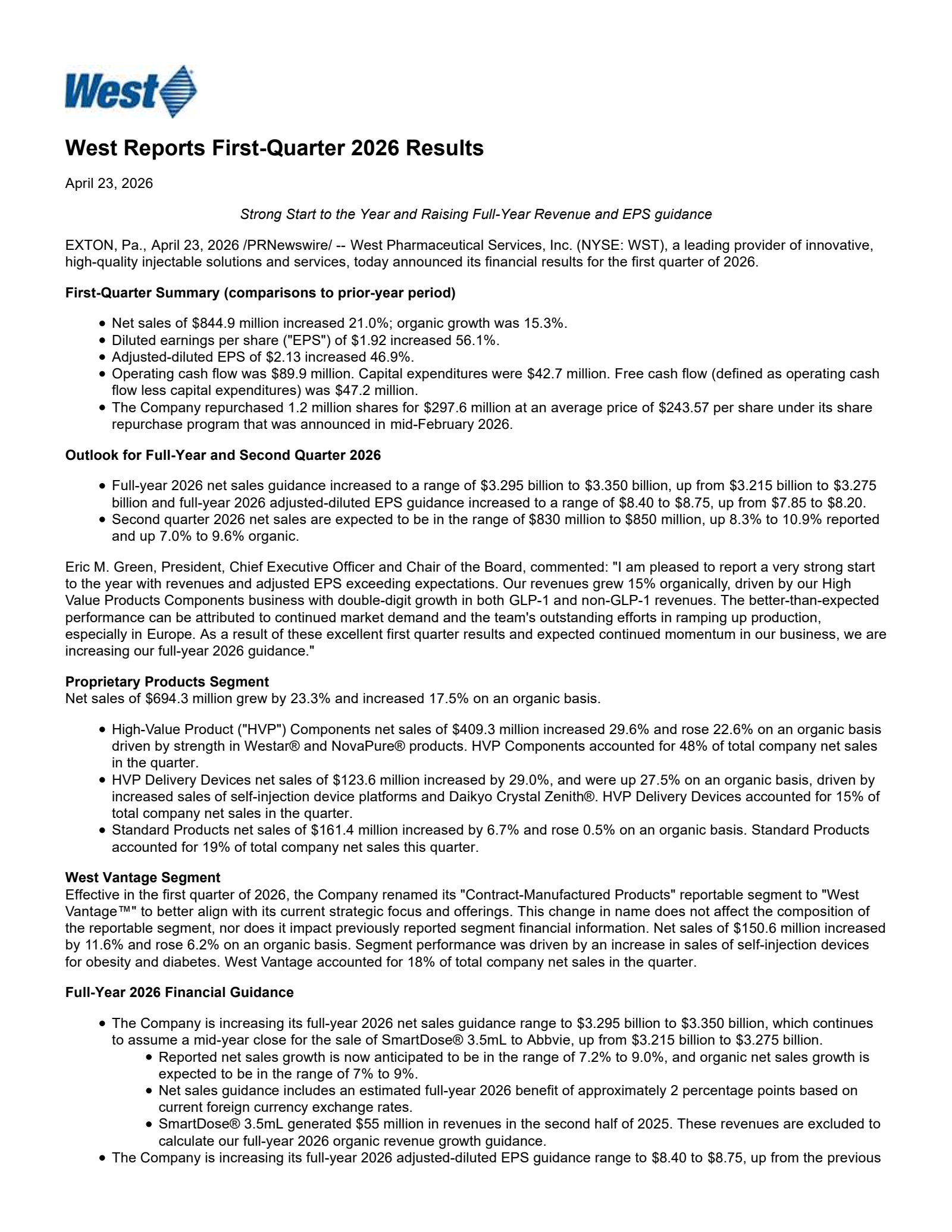 West Pharmaceutical Services' Q1 2026 Press Release