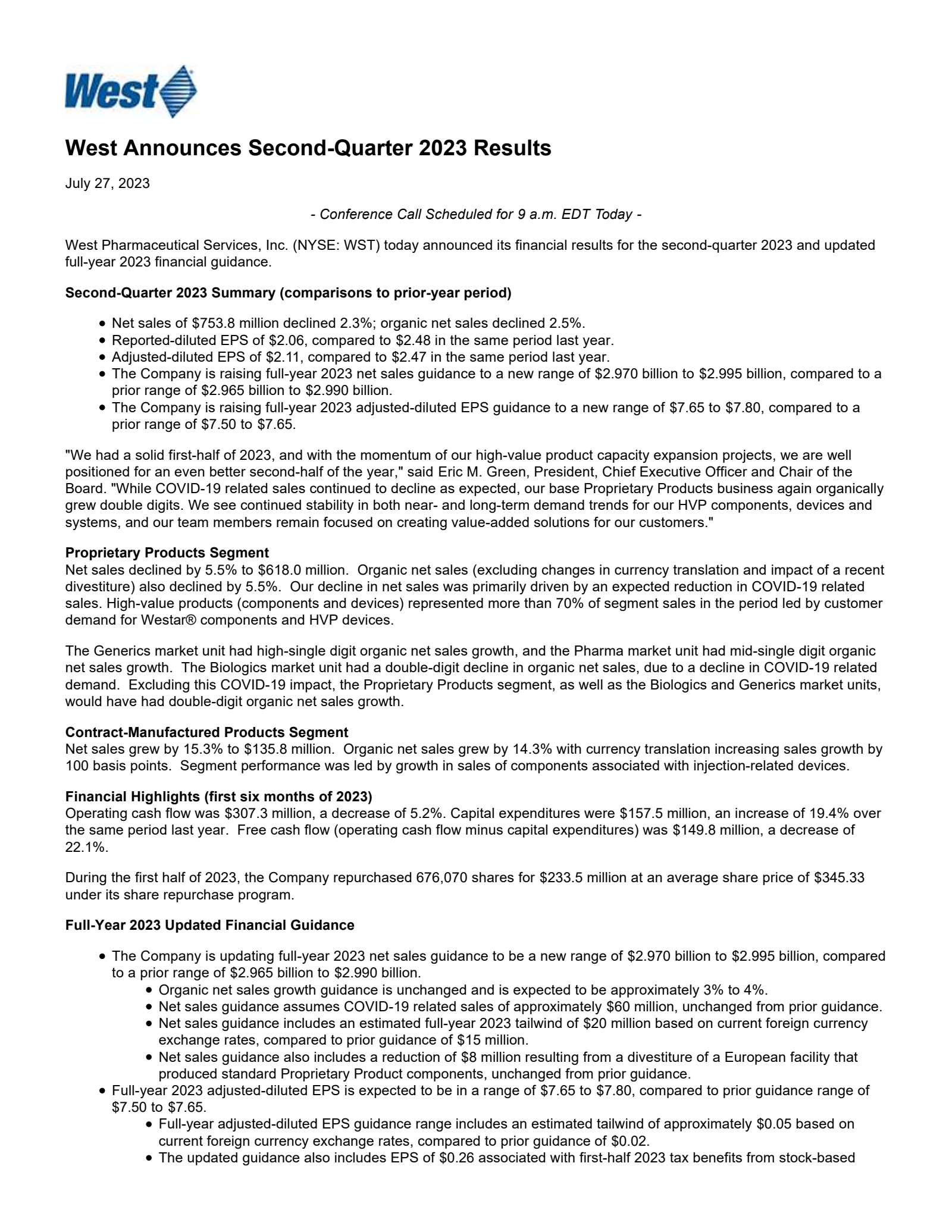 West Pharmaceutical Services' Q2 2023 Earnings Release