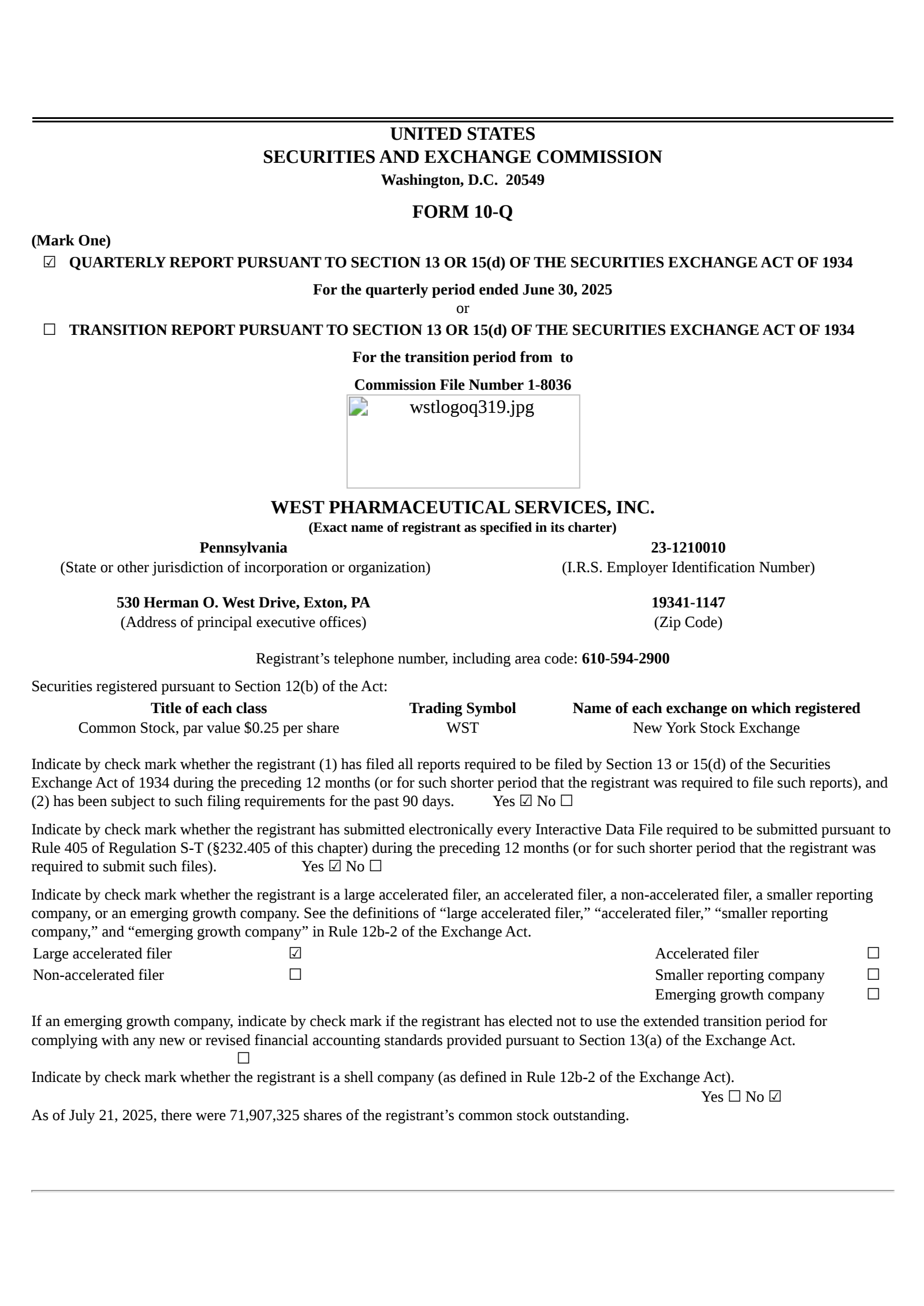 West Pharmaceutical Services' Q2 2025 Quarterly report