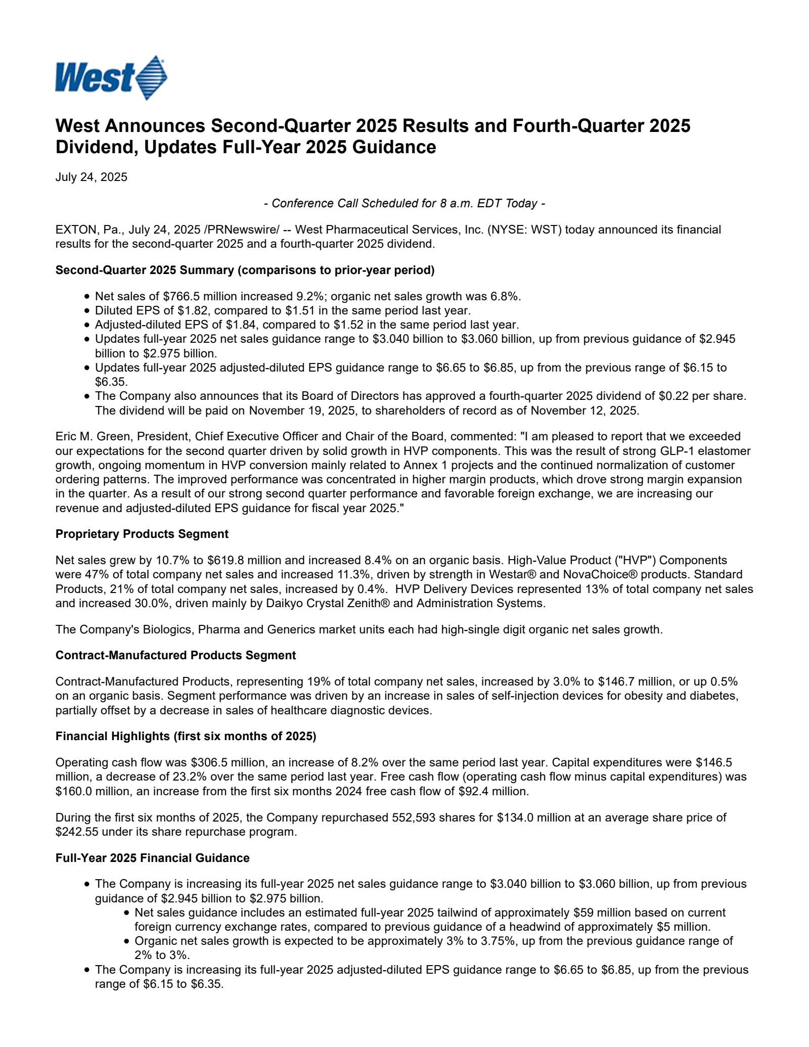 West Pharmaceutical Services' Q2 2025 Press Release