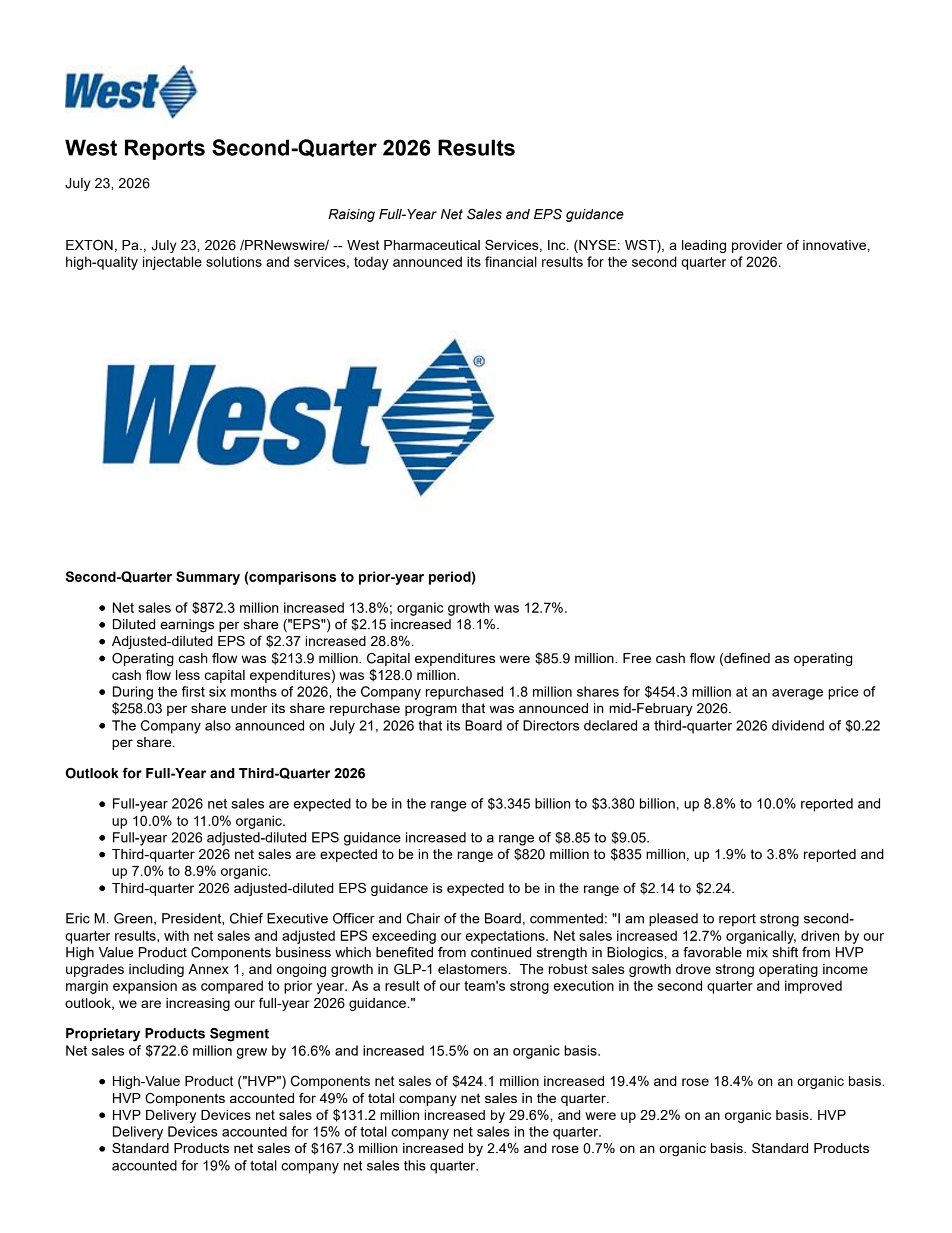 West Pharmaceutical Services' Q2 2026 Press Release