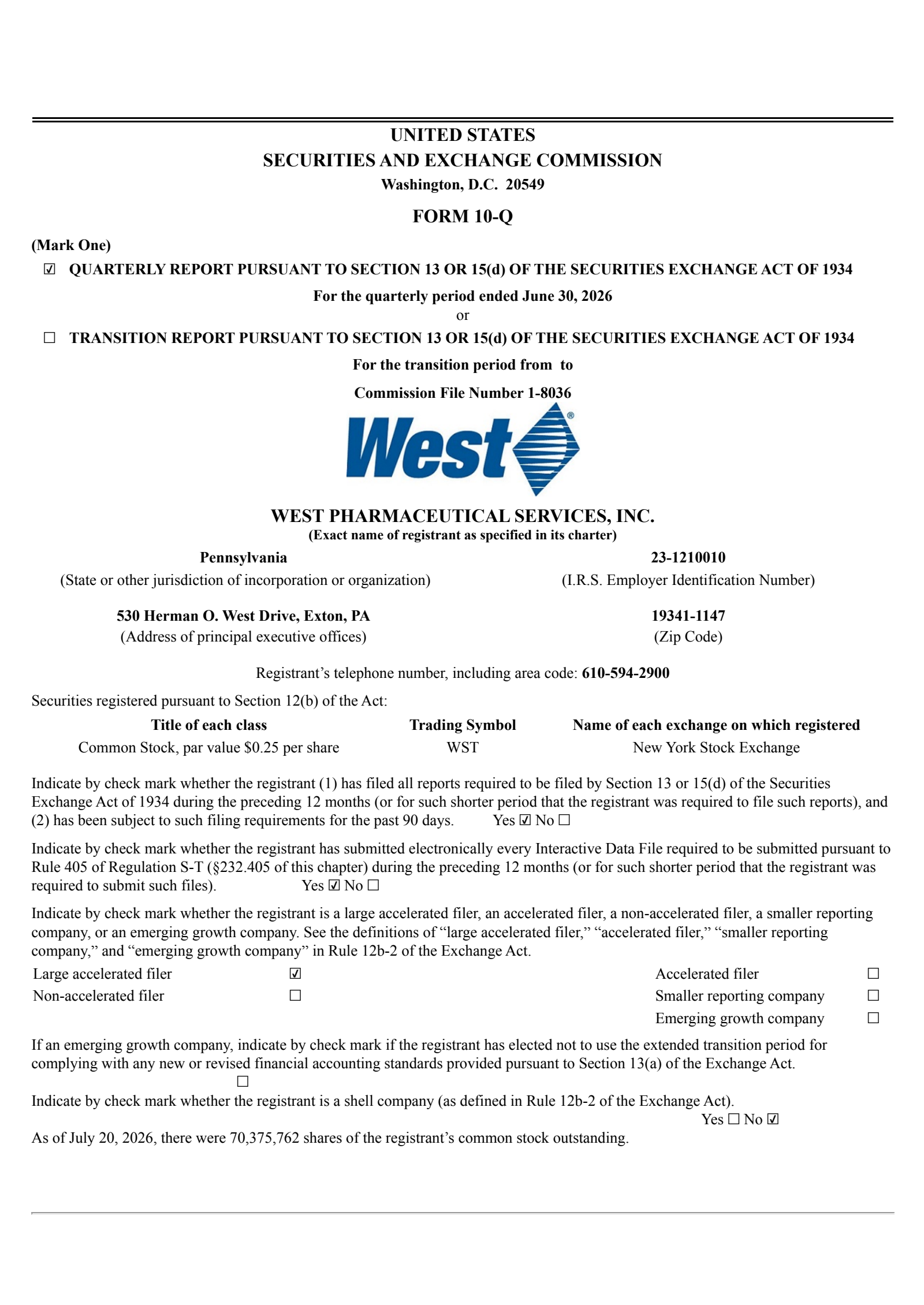 West Pharmaceutical Services' Q2 2026 Quarterly report
