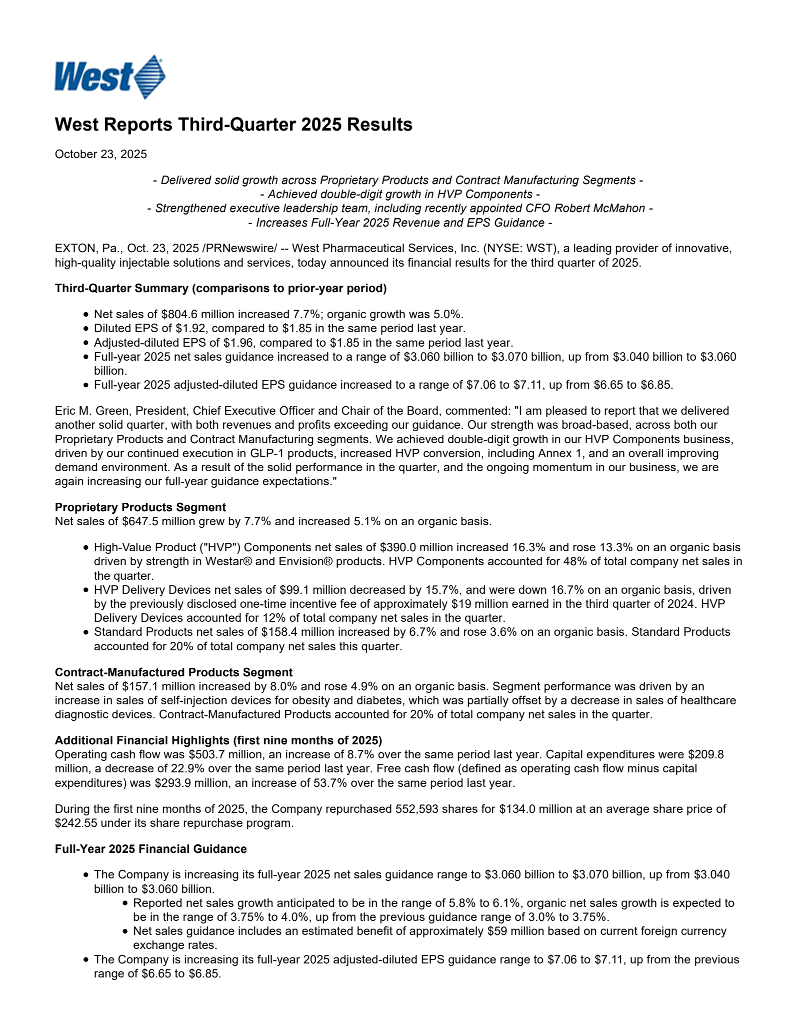 West Pharmaceutical Services' Q3 2025 Earnings Release