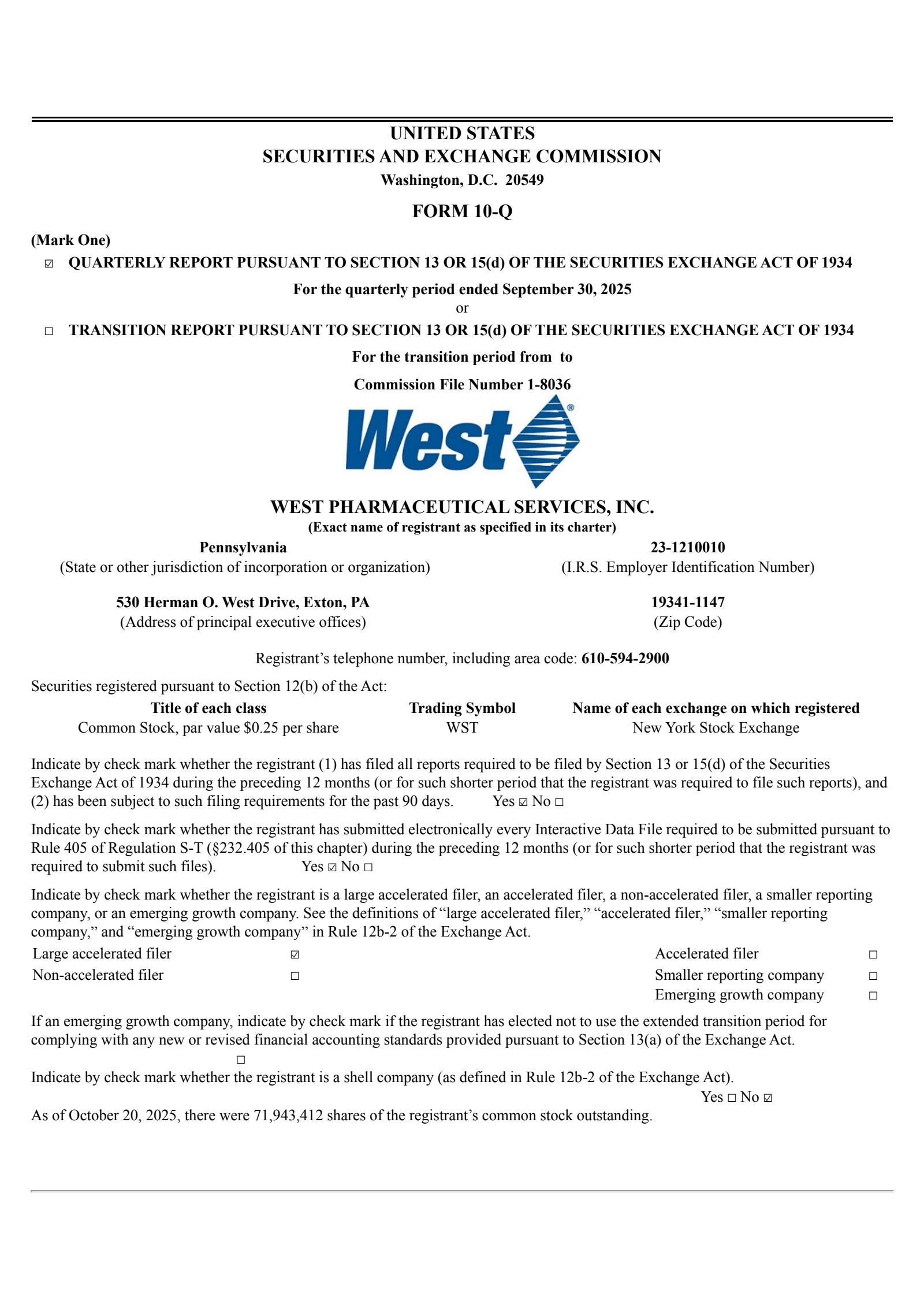 West Pharmaceutical Services' Q3 2025 Quarterly Report