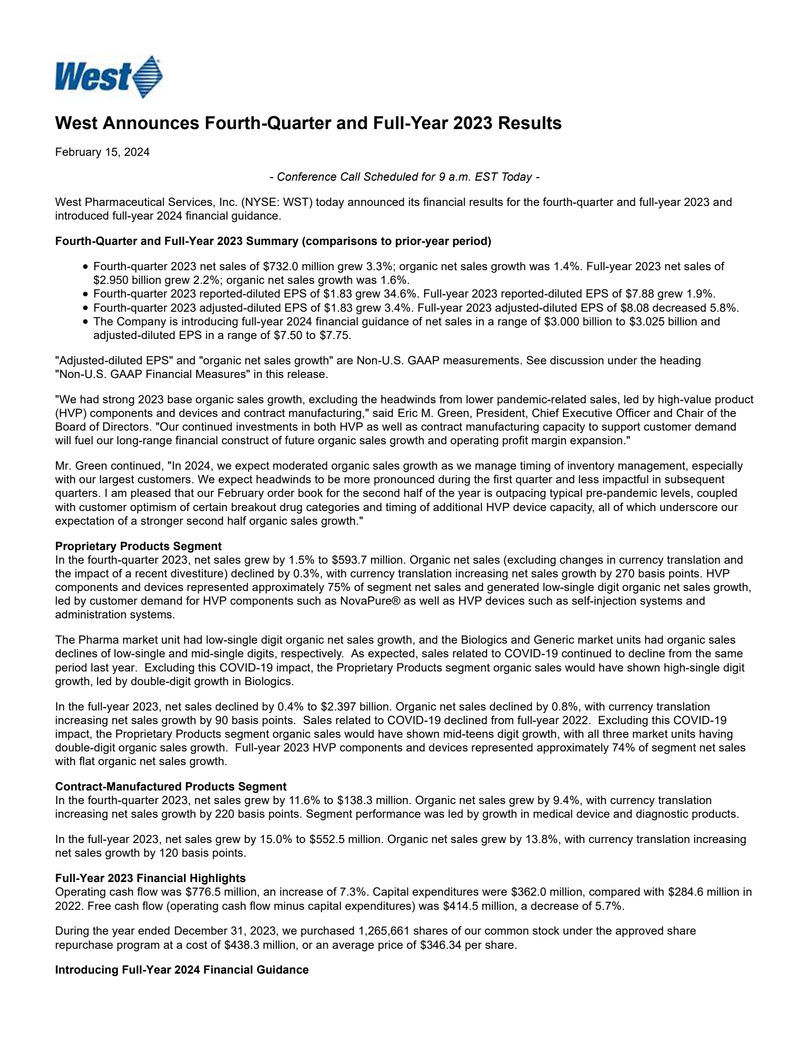 West Pharmaceutical Services' Q4 2023 Earnings Release