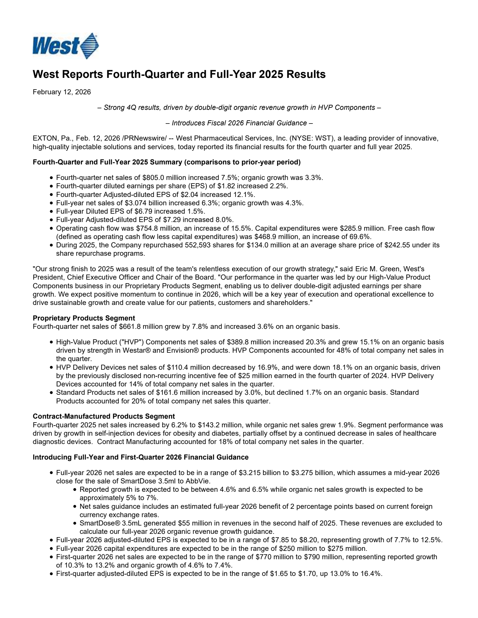 West Pharmaceutical Services' Q4 2025 Press Release