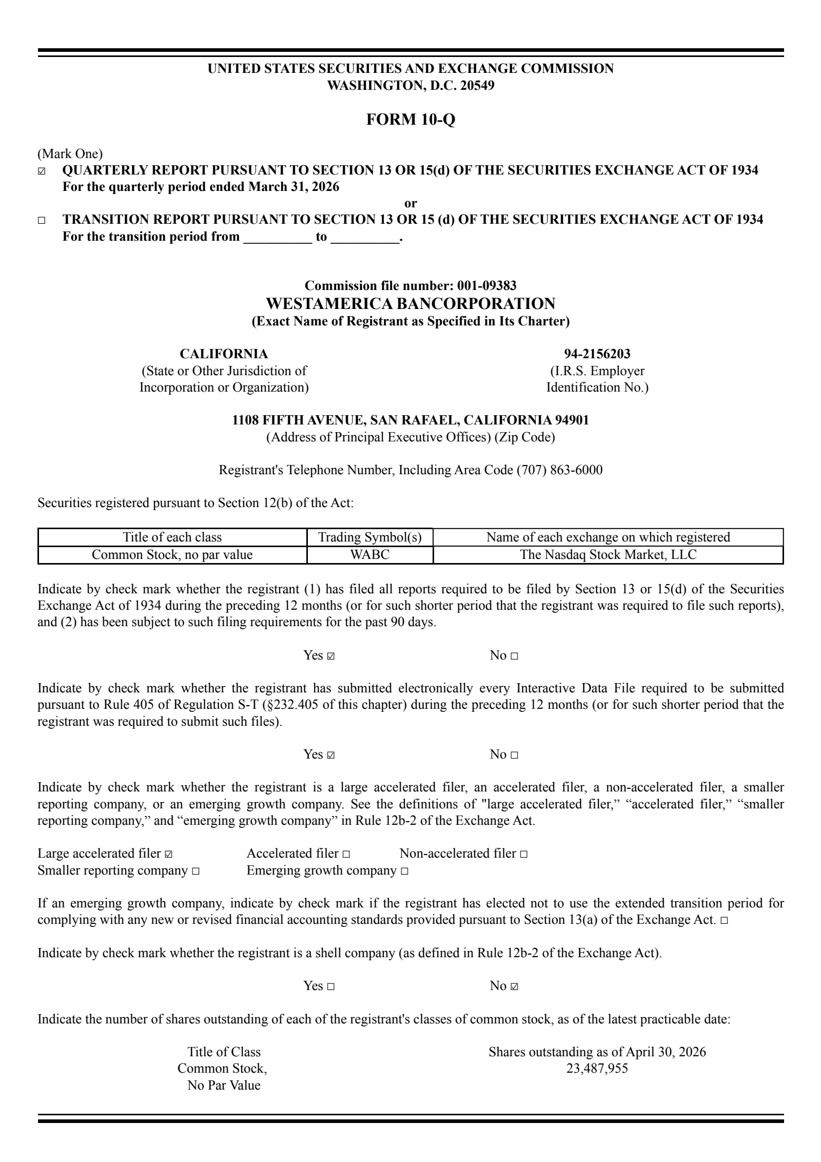 Westamerica Bancorporation's Q1 2026 Quarterly report