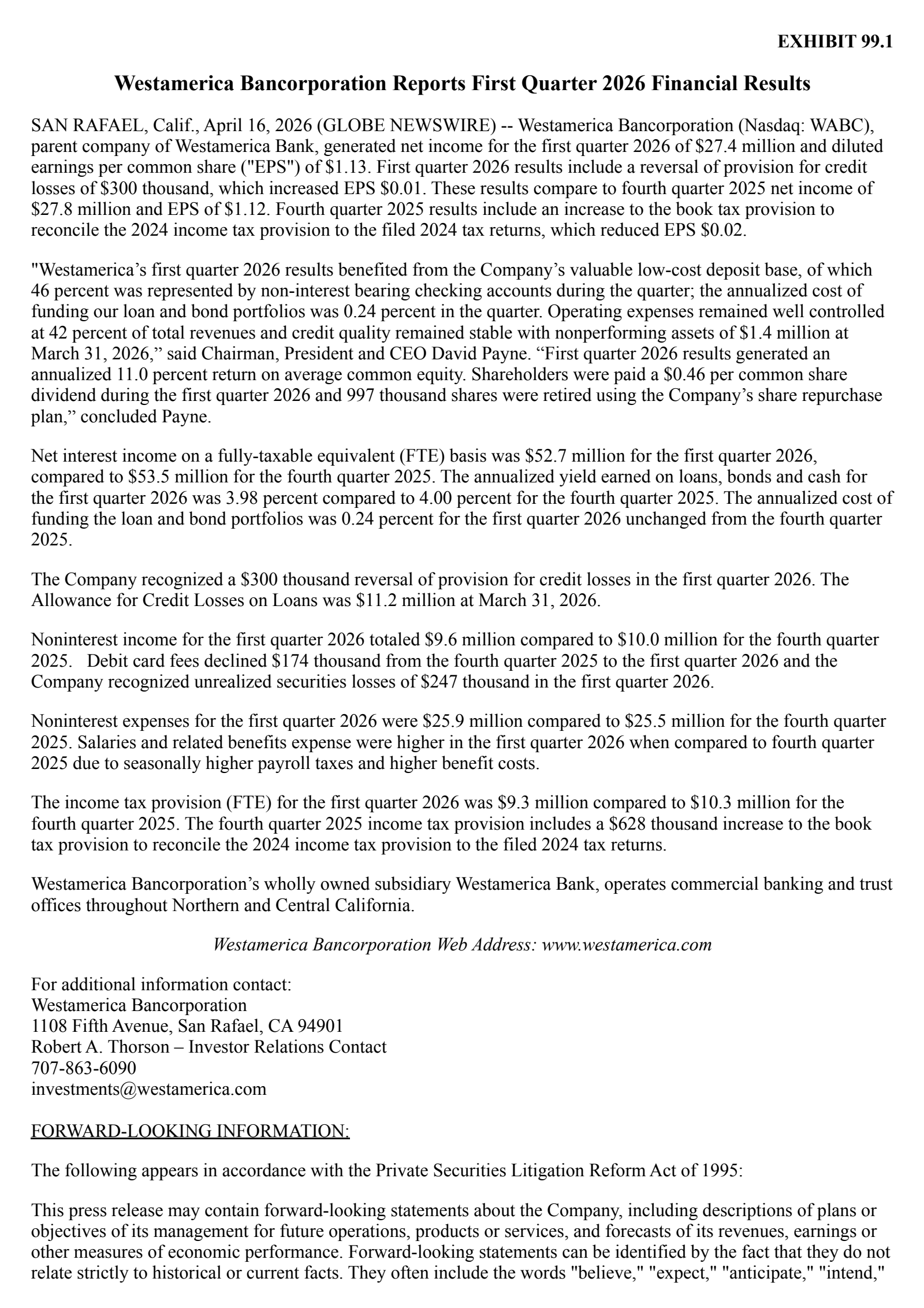 Westamerica Bancorporation's Q1 2026 Press Release