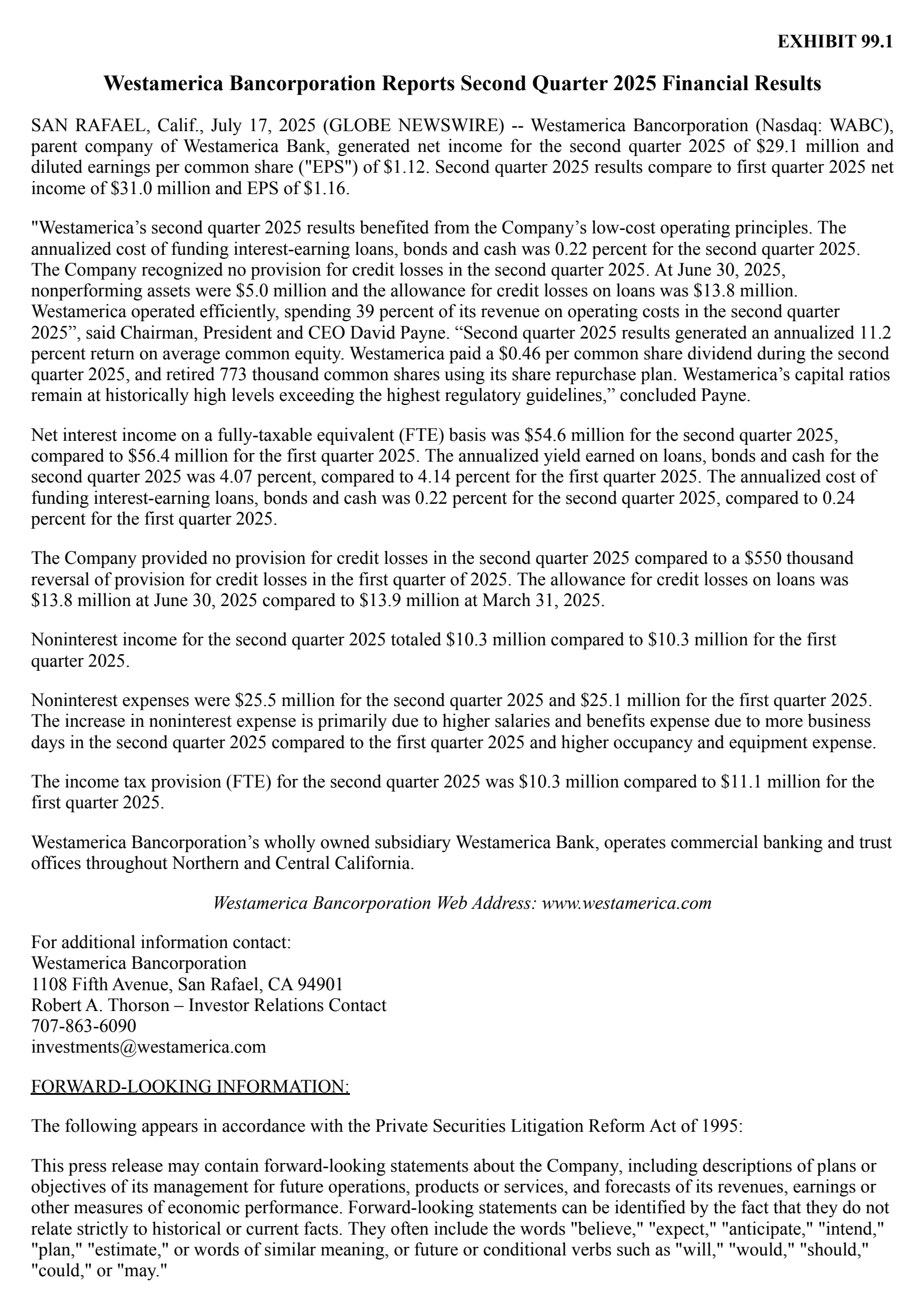 Westamerica Bancorporation's Q2 2025 Press Release