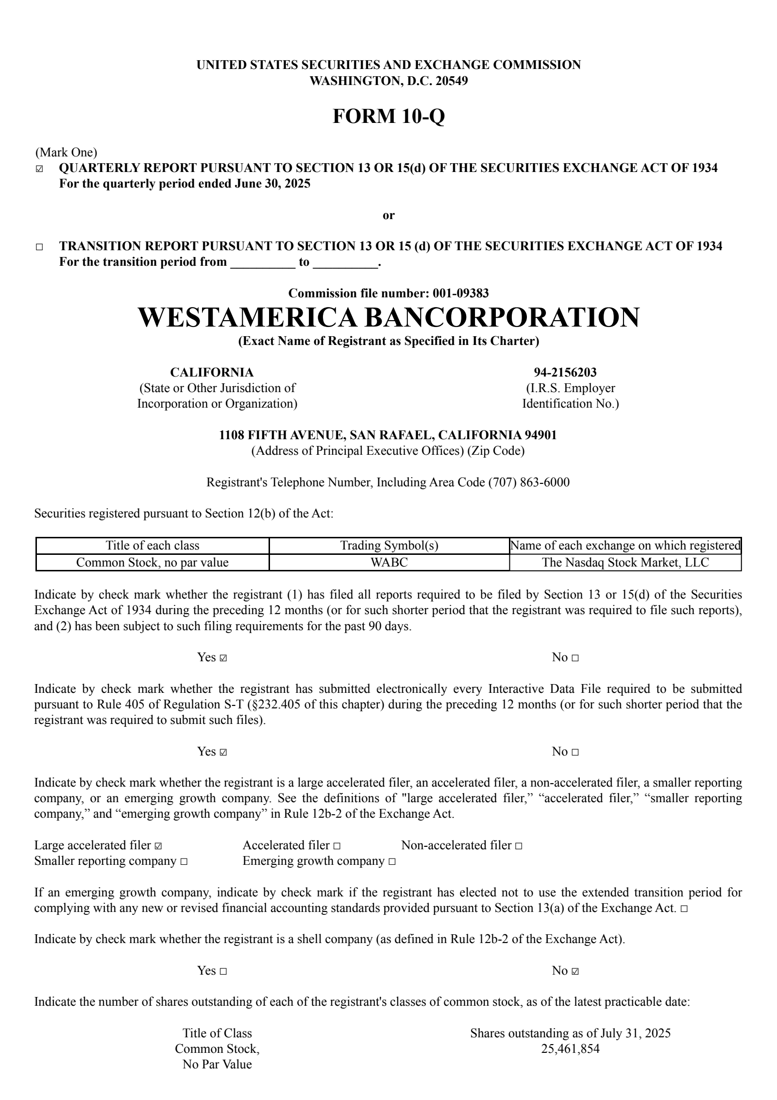 Westamerica Bancorporation's Q2 2025 Quarterly report