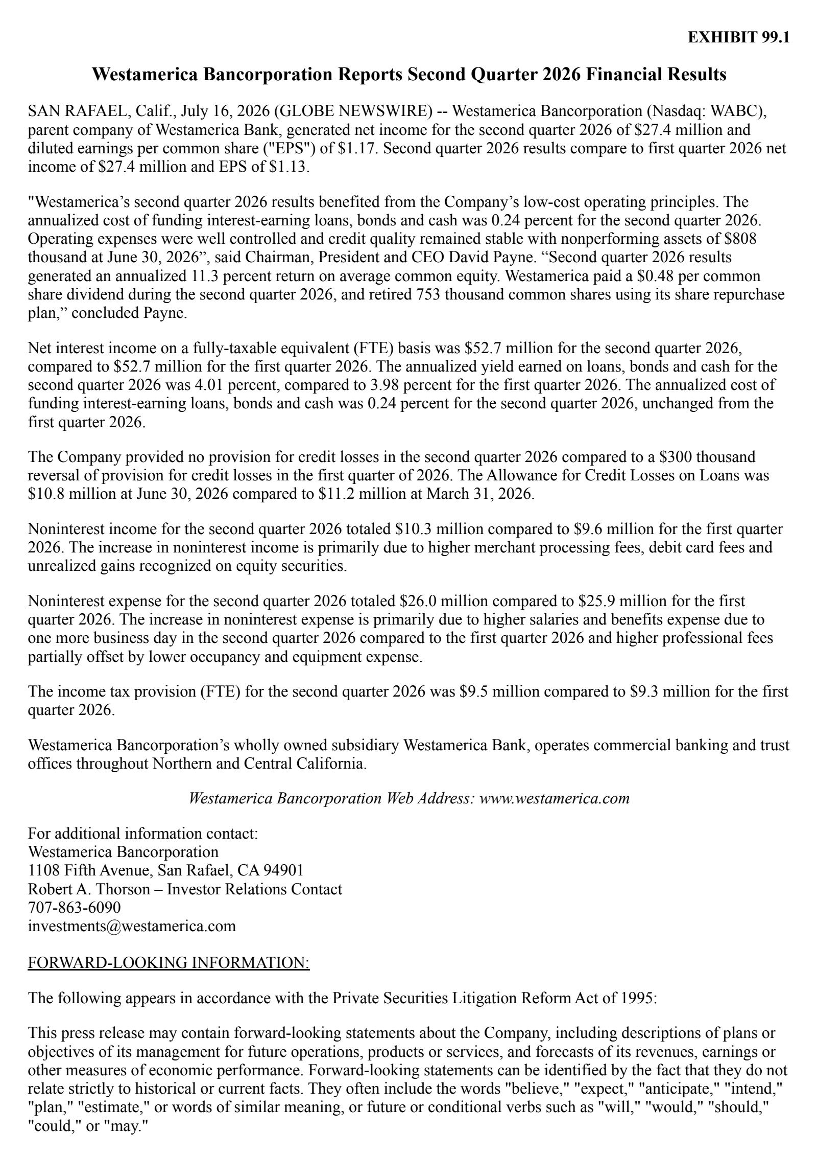 Westamerica Bancorporation's Q2 2026 Press Release