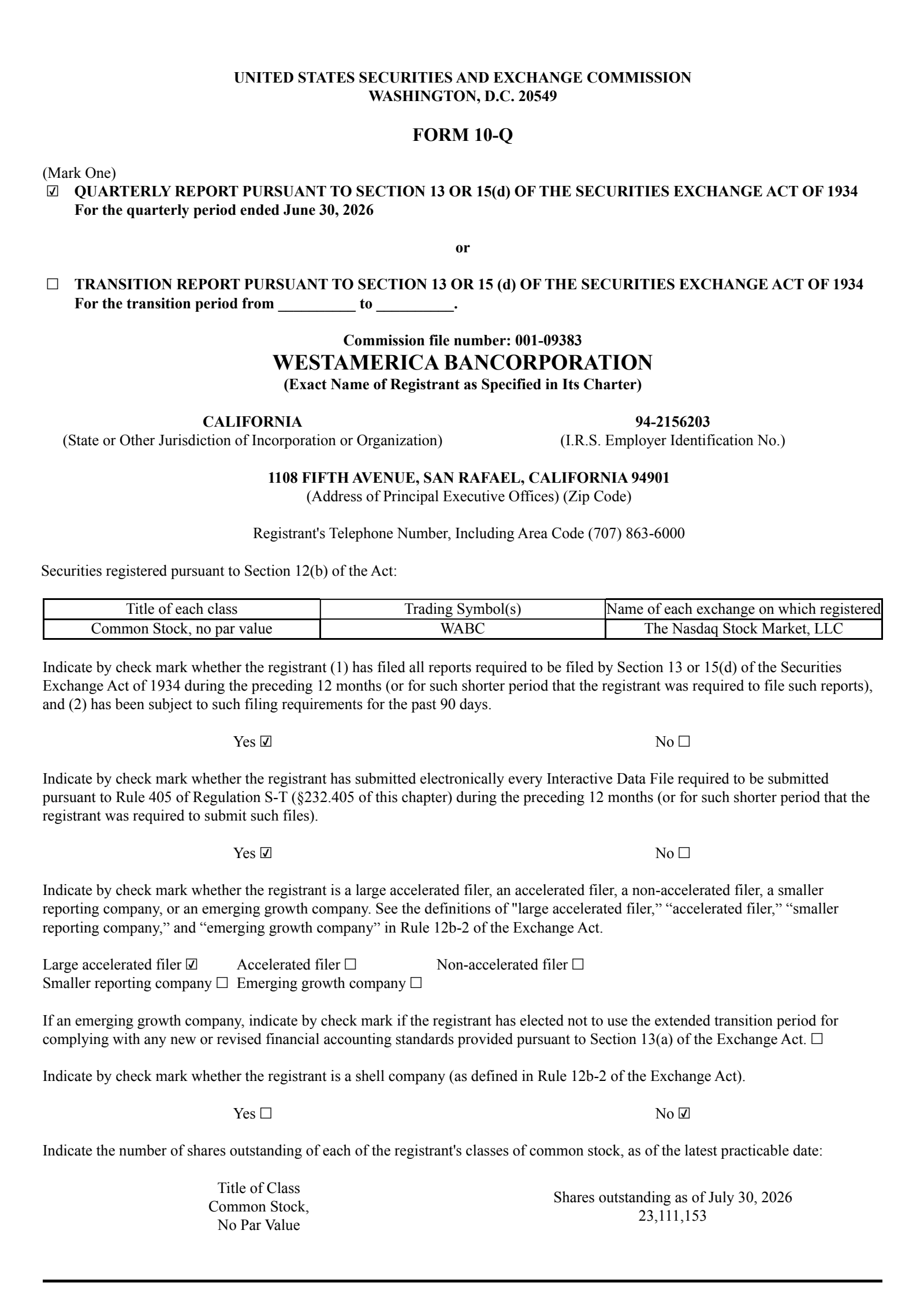 Westamerica Bancorporation's Q2 2026 Quarterly report