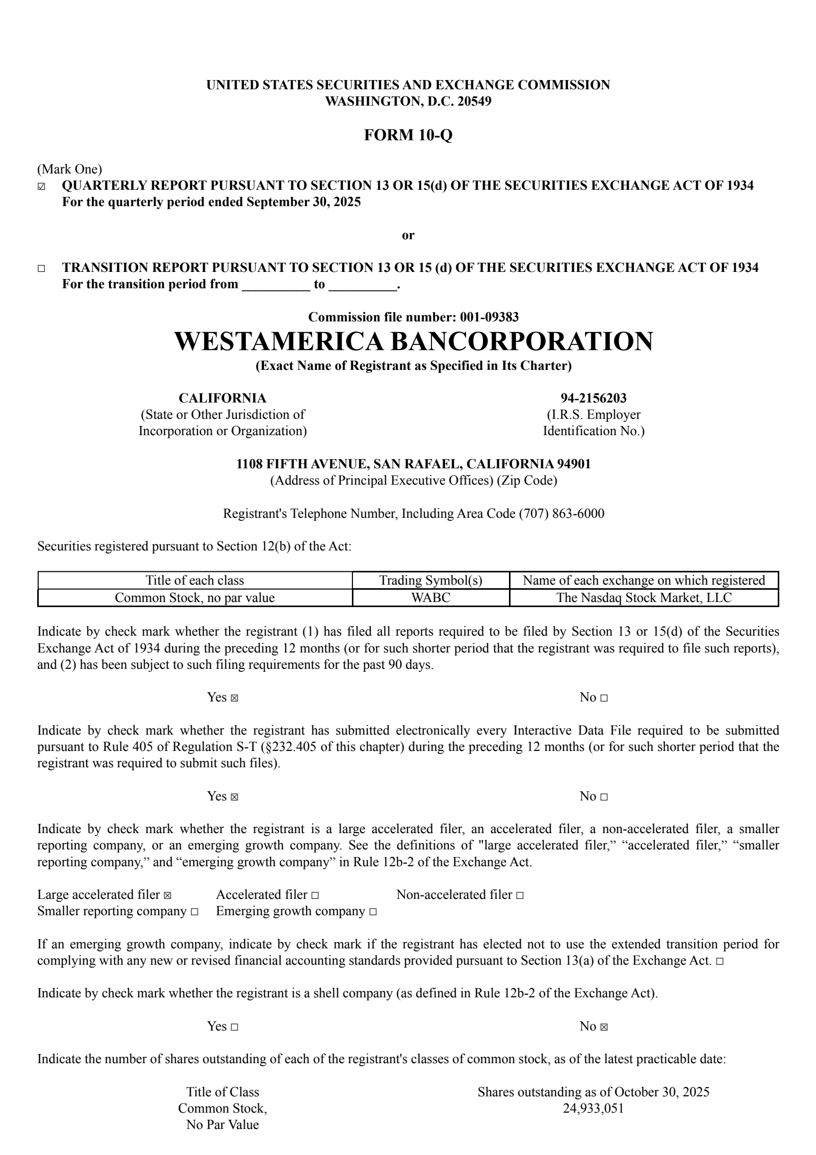 Westamerica Bancorporation's Q3 2025 Quarterly Report