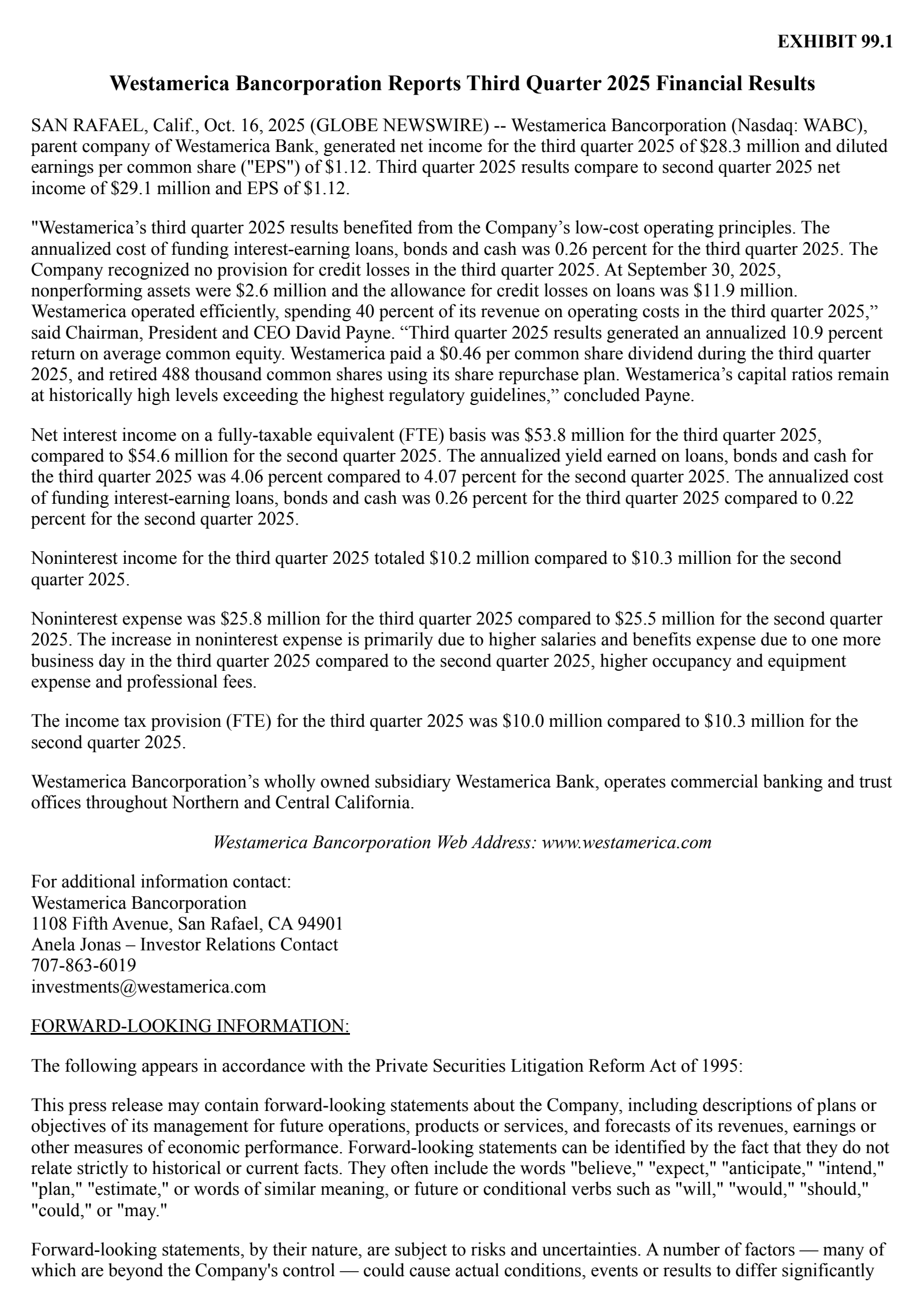 Westamerica Bancorporation's Q3 2025 Earnings Release