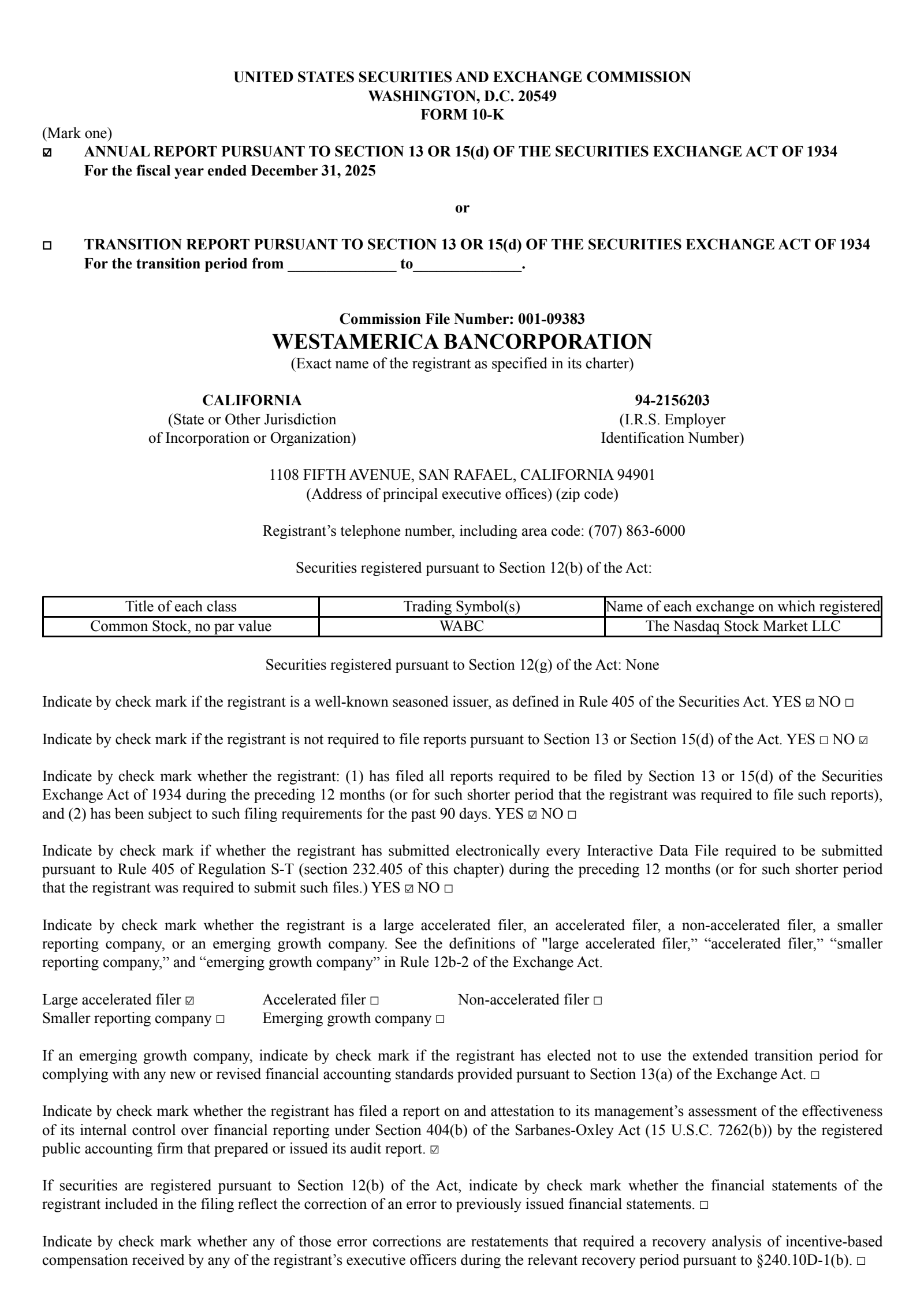 Westamerica Bancorporation's Q4 2025 Annual report