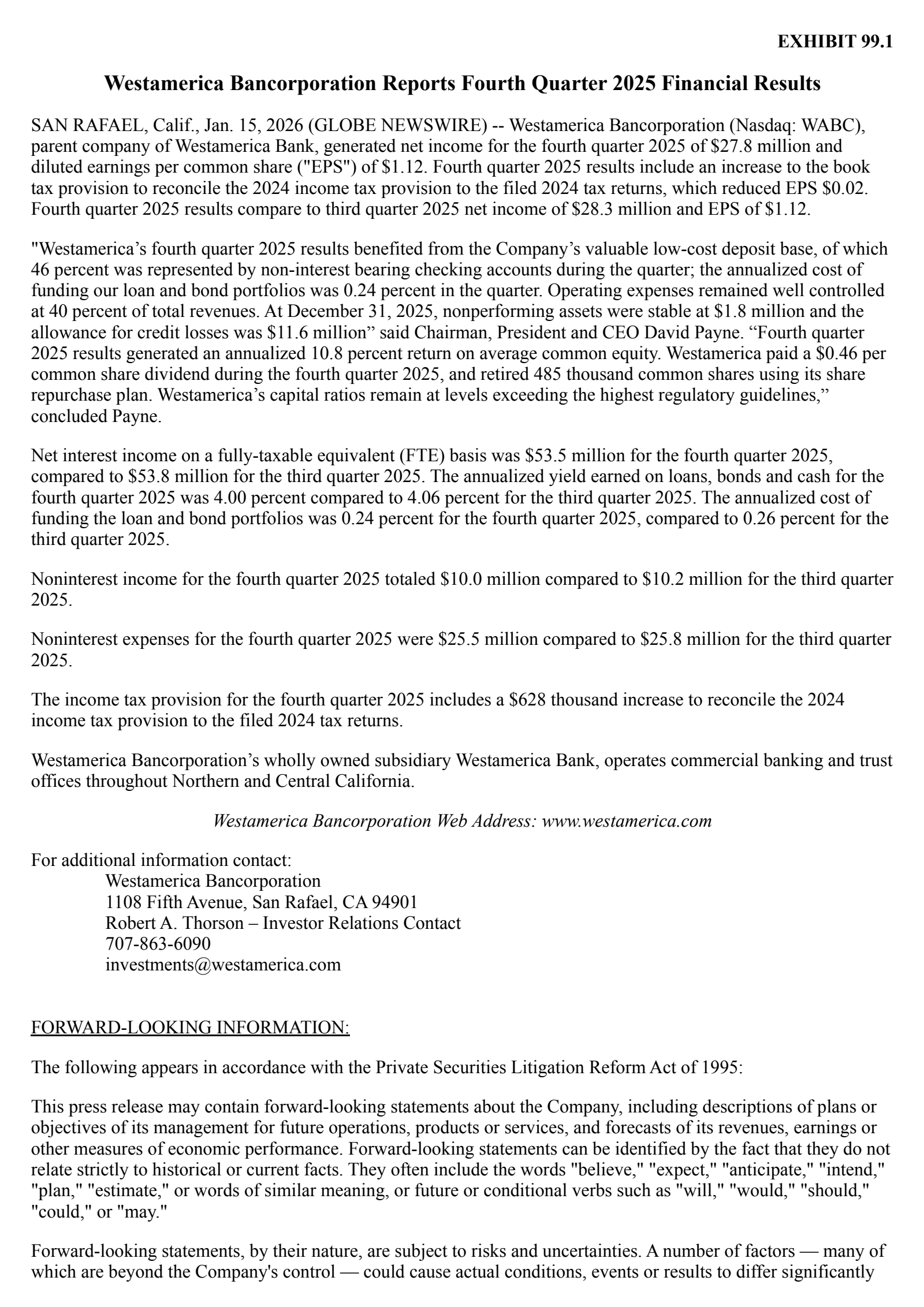 Westamerica Bancorporation's Q4 2025 Press Release