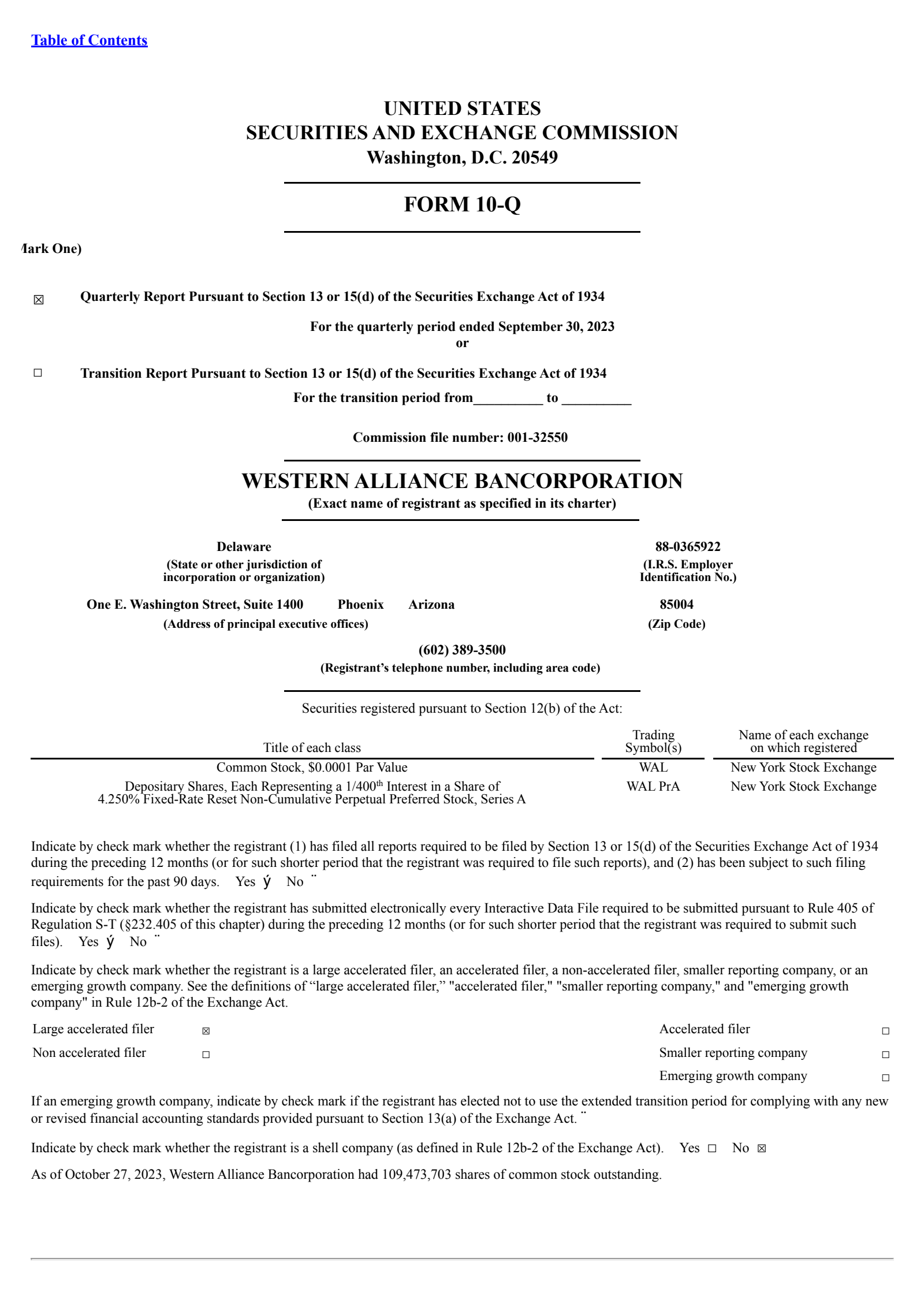 Western Alliance Bancorporation's Q3 2023 Quarterly report