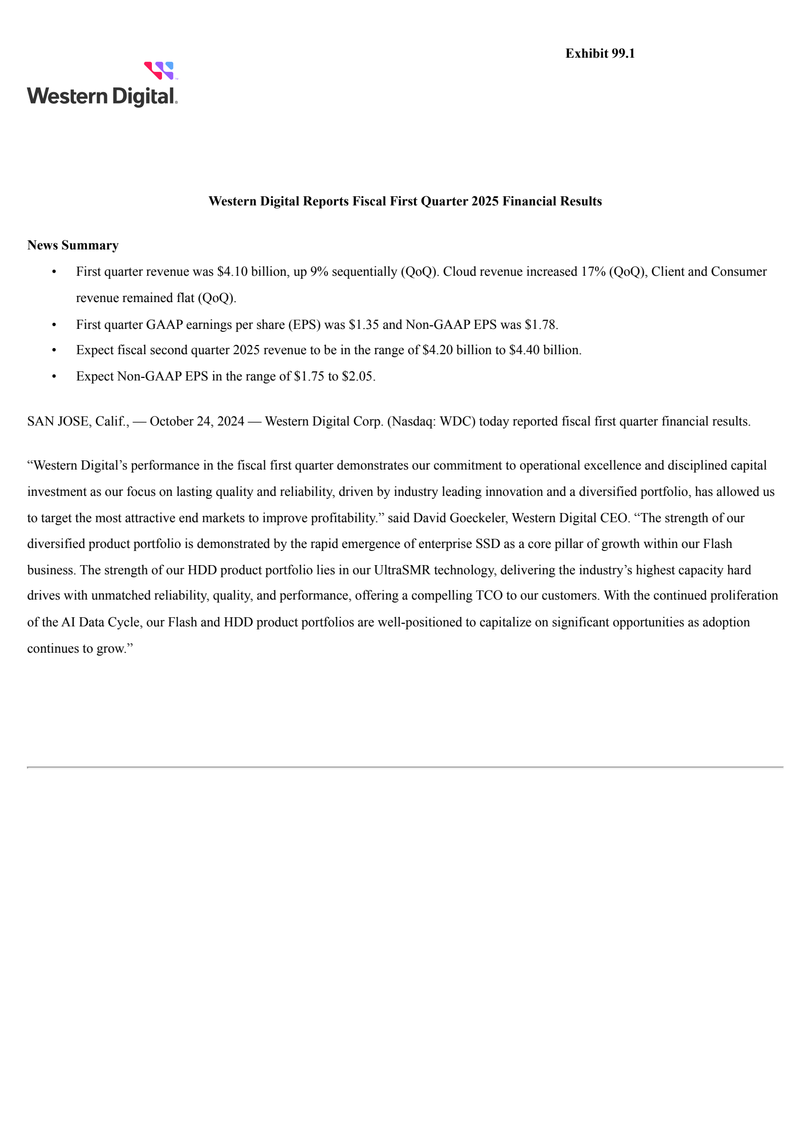 Western Digital's Q1 2025 Press Release