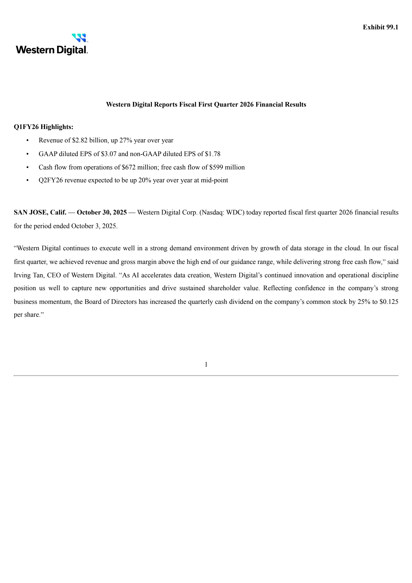Western Digital's Q1 2026 Earnings Release