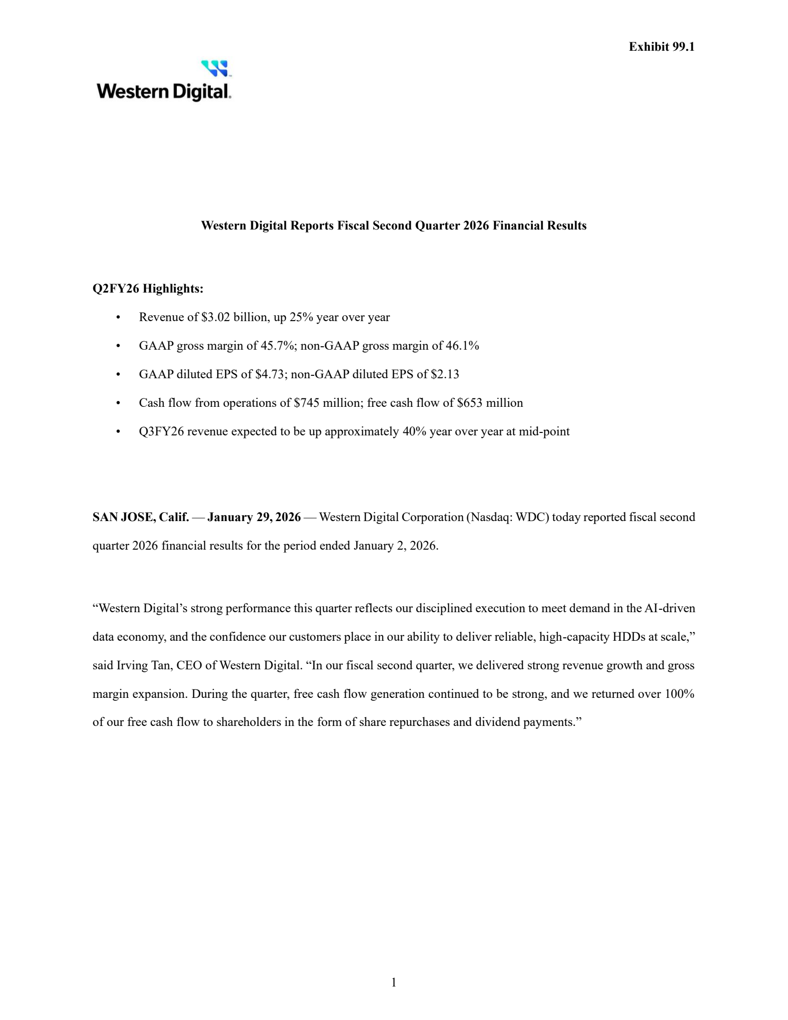 Western Digital's Q2 2026 Press Release
