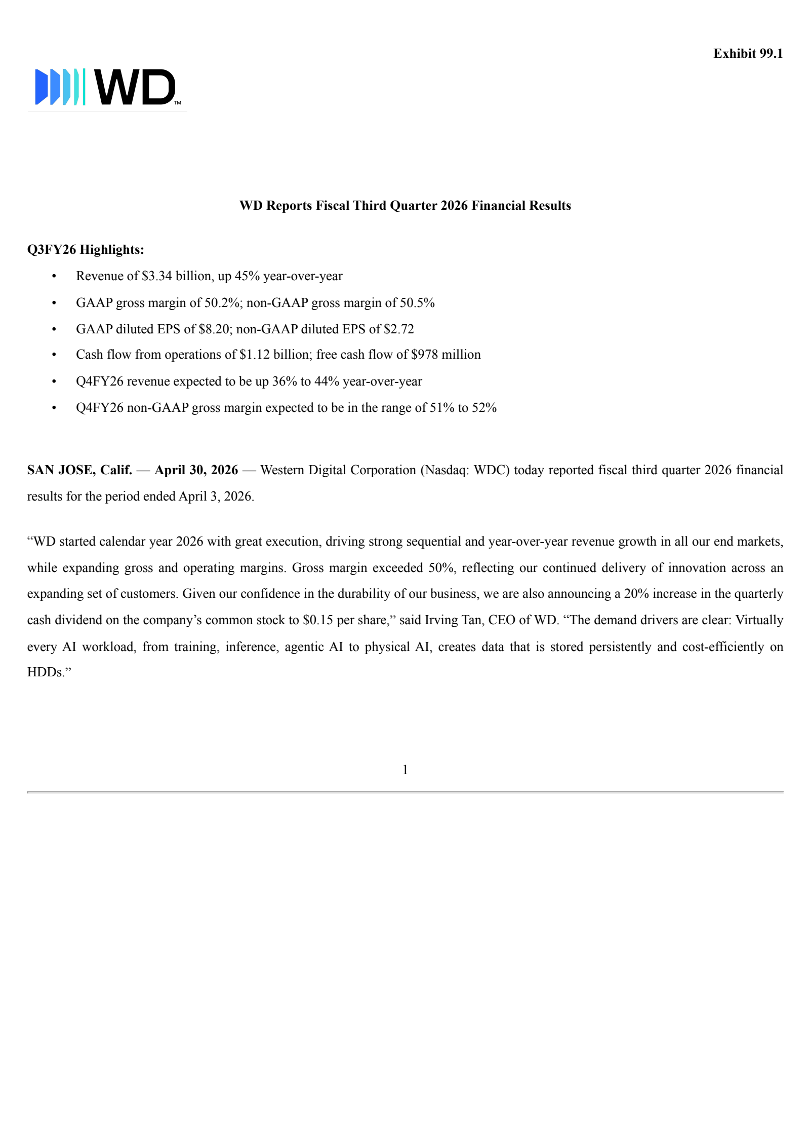 Western Digital's Q3 2026 Press Release