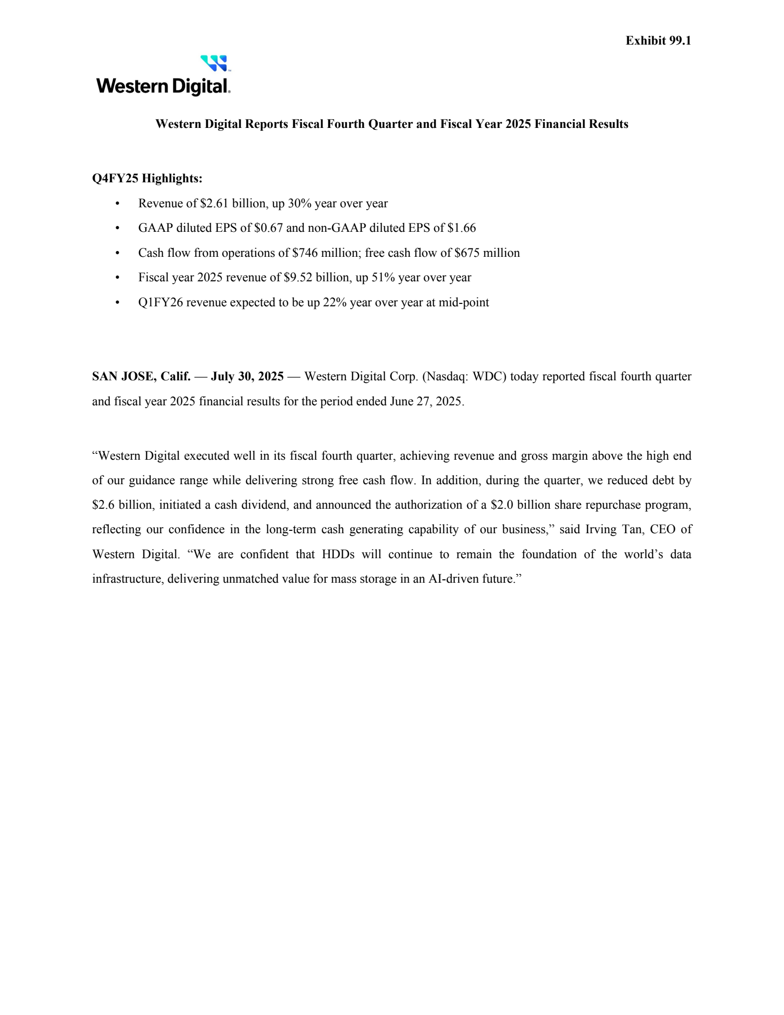 Western Digital's Q4 2025 Press Release