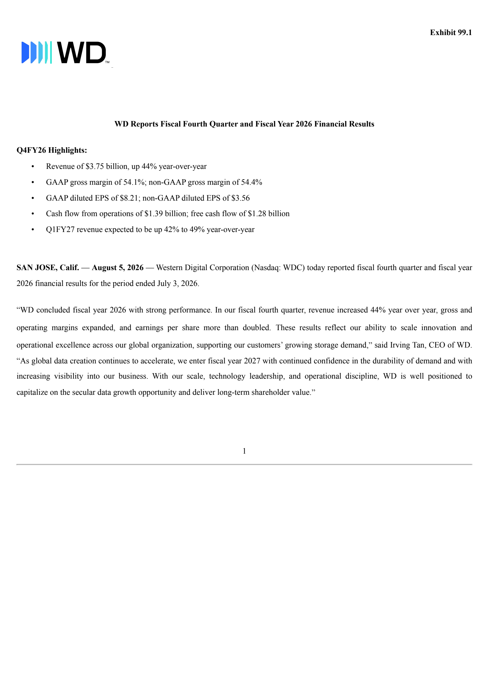 Western Digital's Q4 2026 Press Release