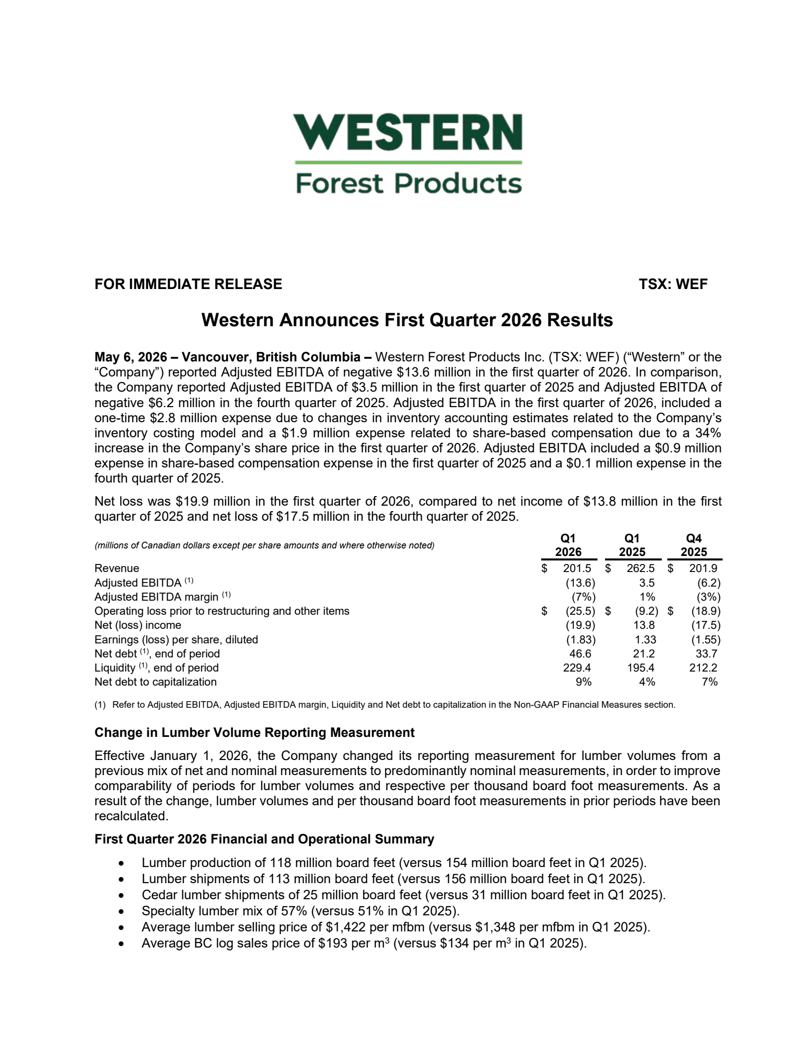 Western Forest Products' Q1 2026 Press Release