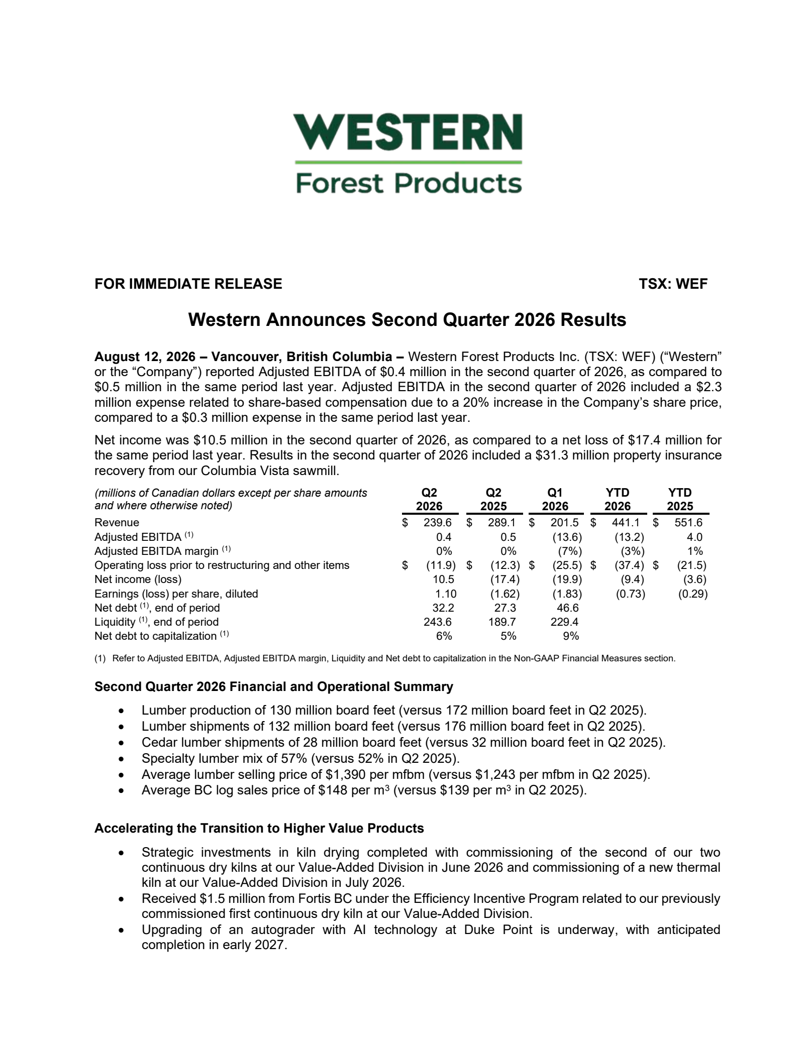 Western Forest Products' Q2 2026 Press Release