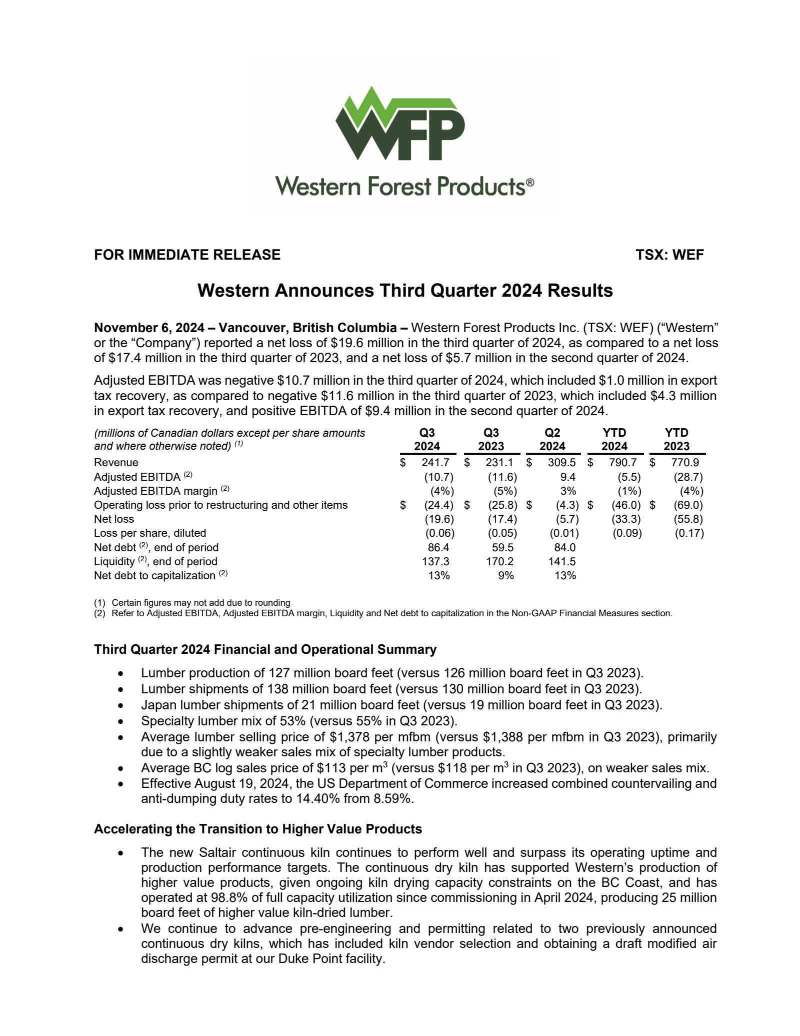 Western Forest Products' Q3 2024 Press Release