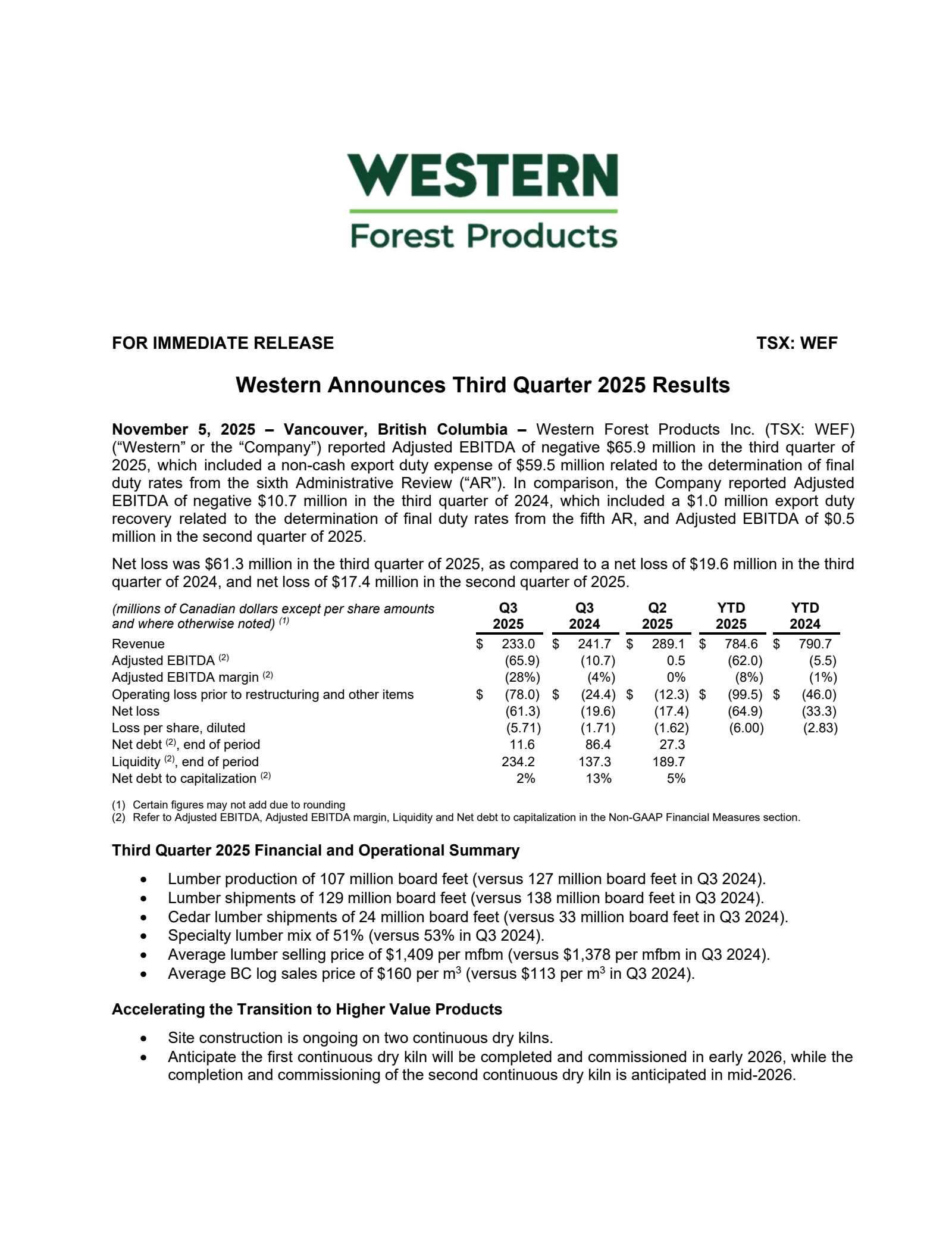 Western Forest Products' Q3 2025 Earnings Release